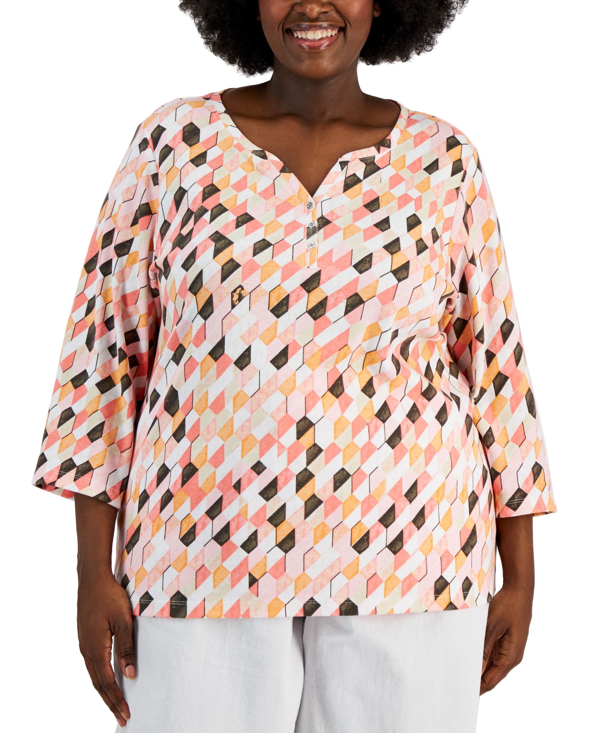 Karen Scott Plus Size Geo Print Henley Top