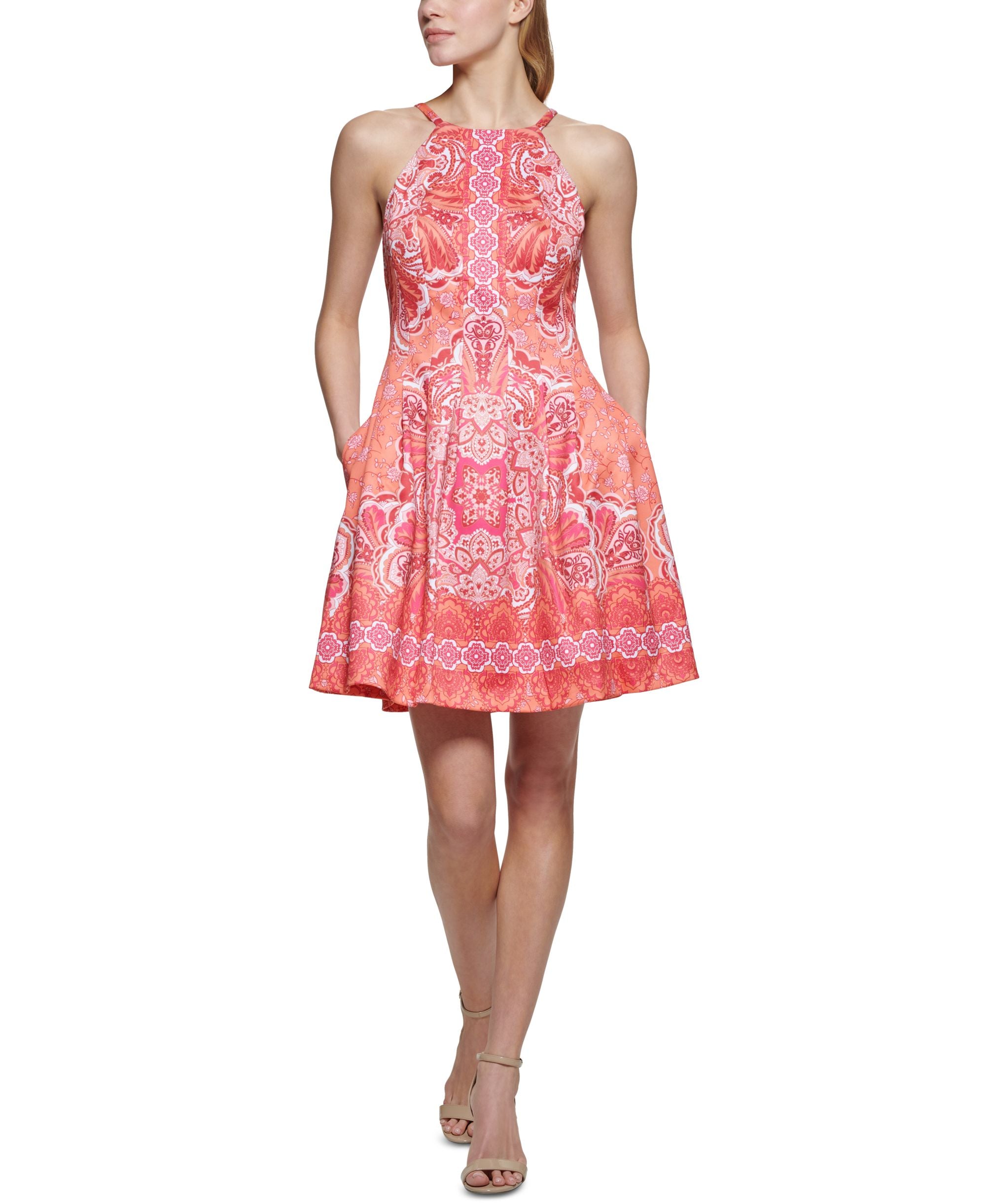 Vince Camuto Womens Printed Scuba Halter Dress