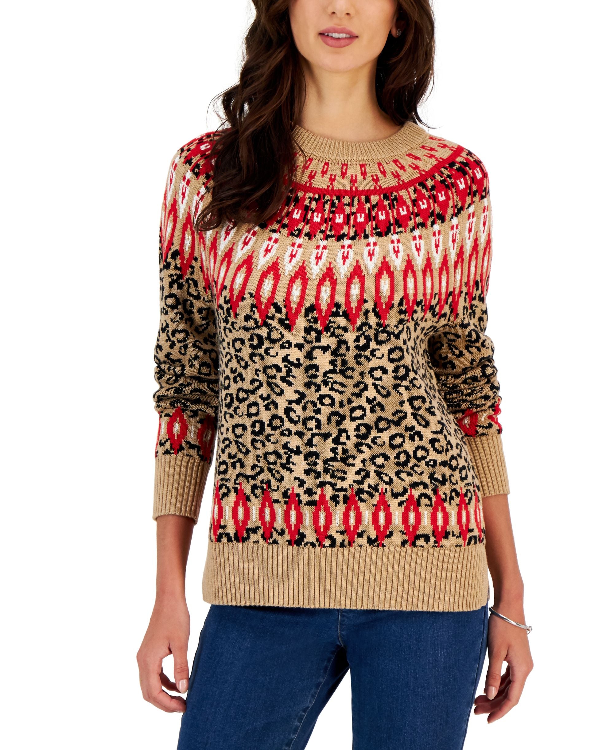 Charter Club Petite Animal Print Fair Isle Sweater