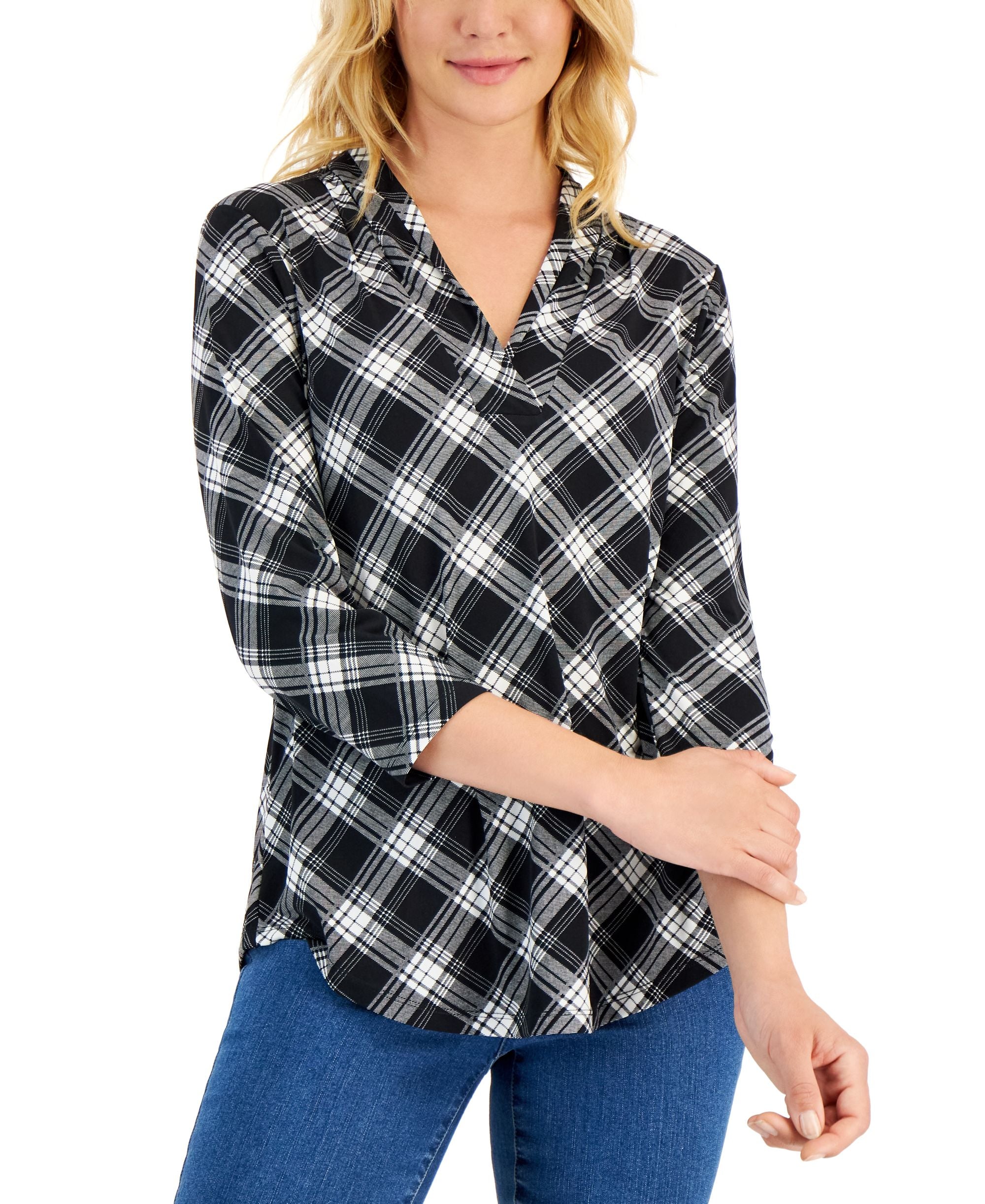 Charter Club Womens New Plaiditude Plaid Top
