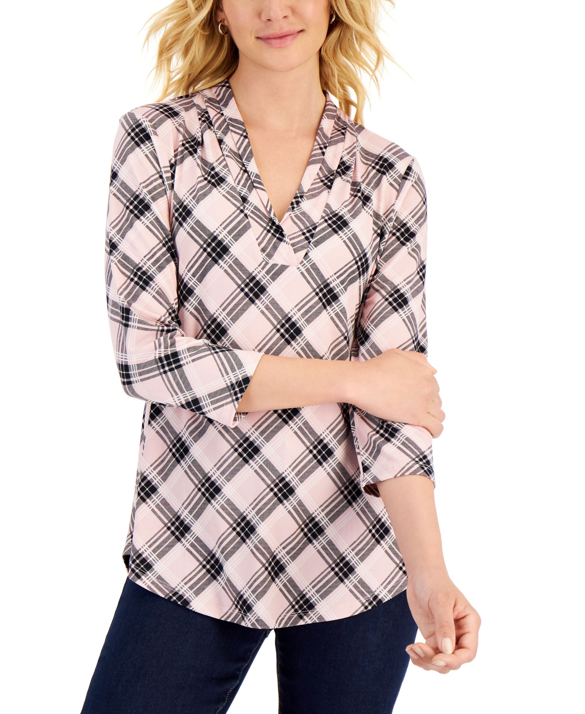 Charter Club Petite Plaid 3/4 Sleeve Top