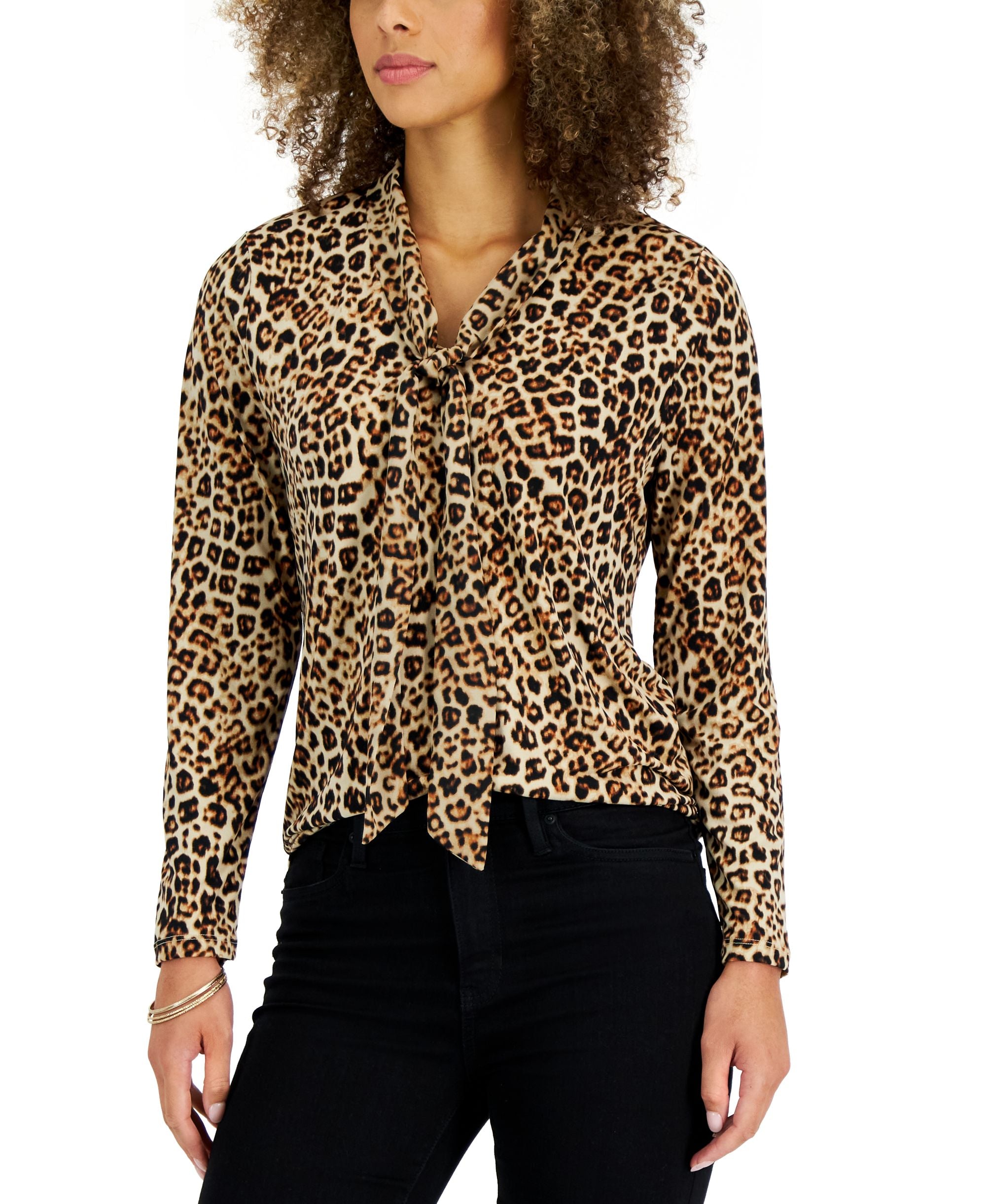 Women's Leopard Tie-Neck Blouse