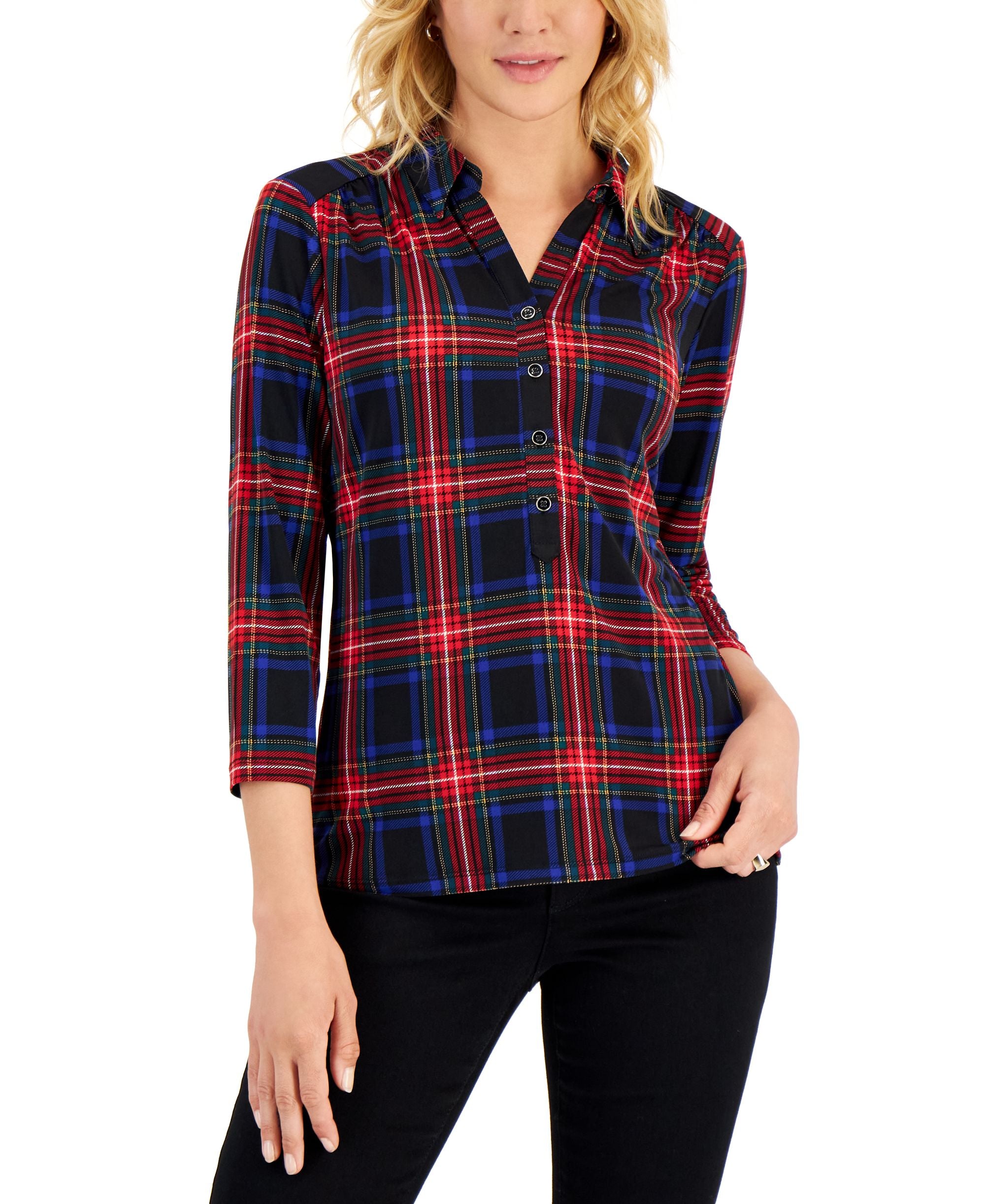 Charter Club Womens Printed 3/4 Sleeve Top