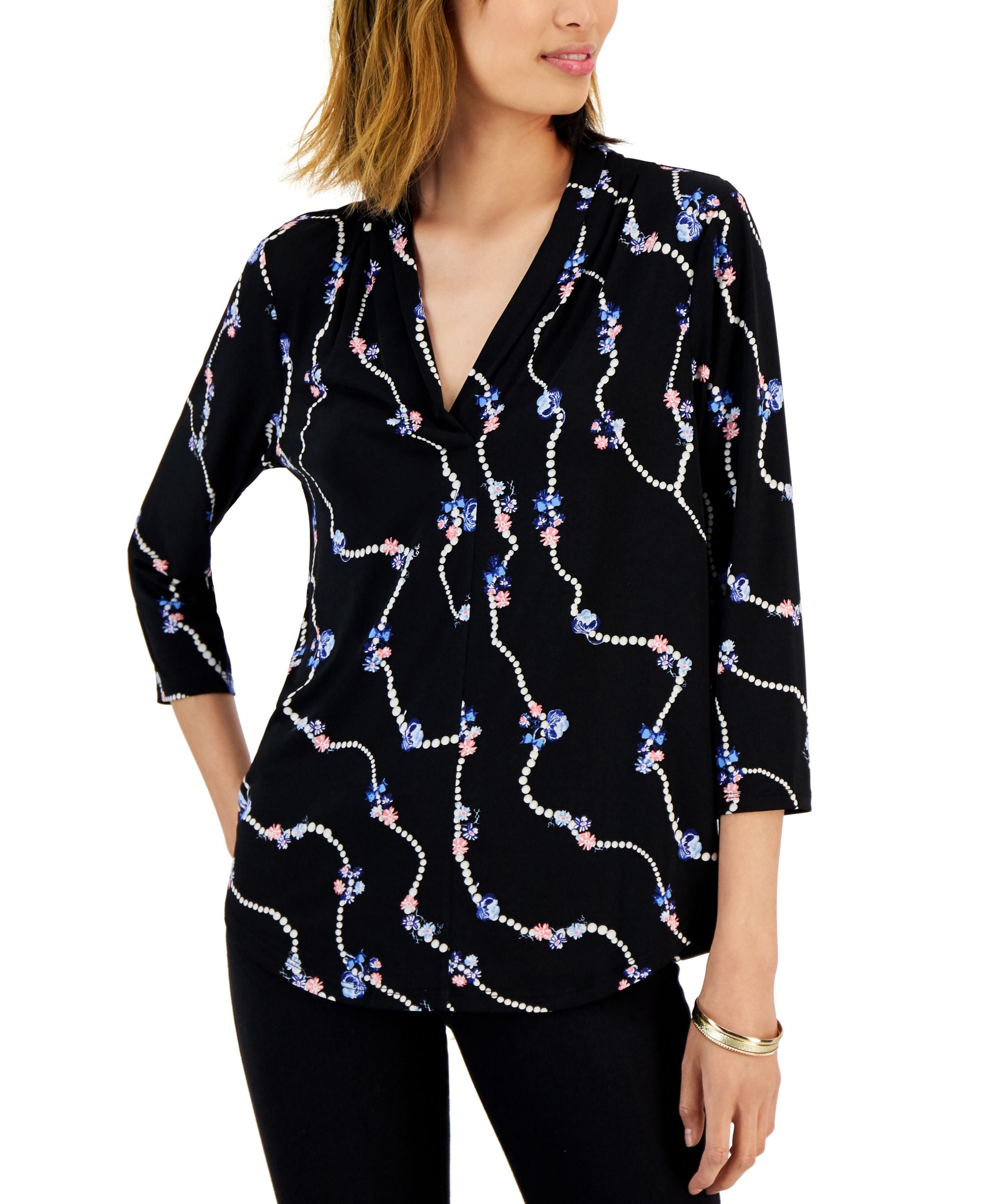 Printed Pearl Chain V-Neck Blouse