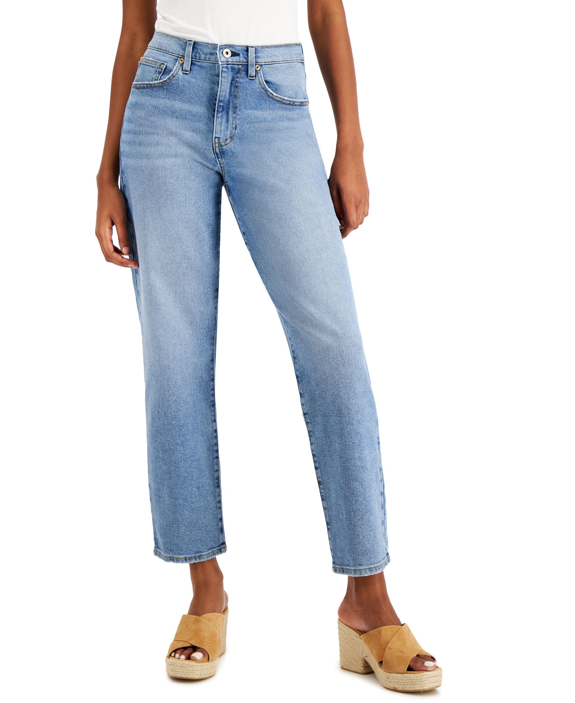 Juniors' High Rise Distressed Detailing Straight Jeans