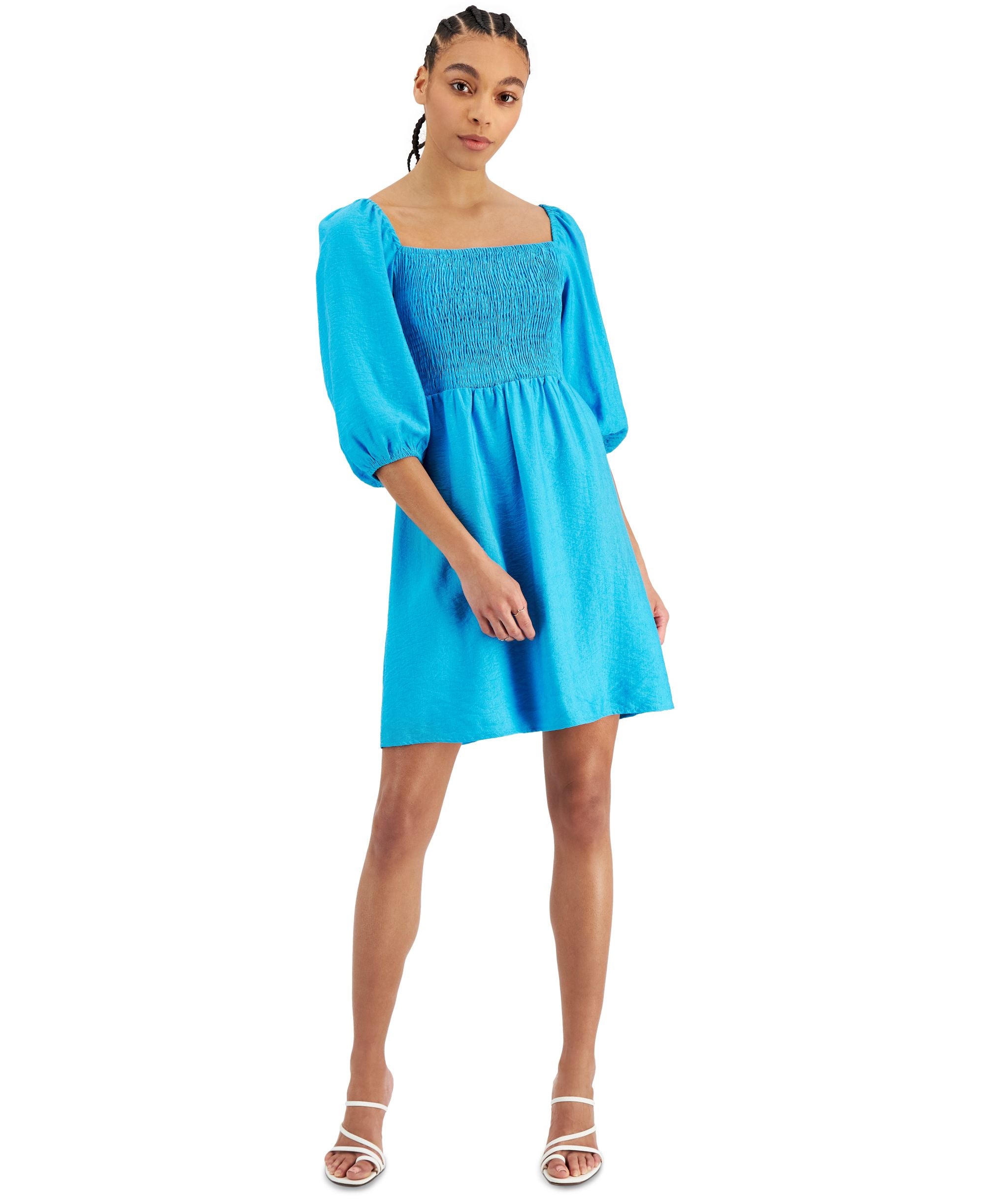Bar III Womens Puff-Sleeve Smocked Dress