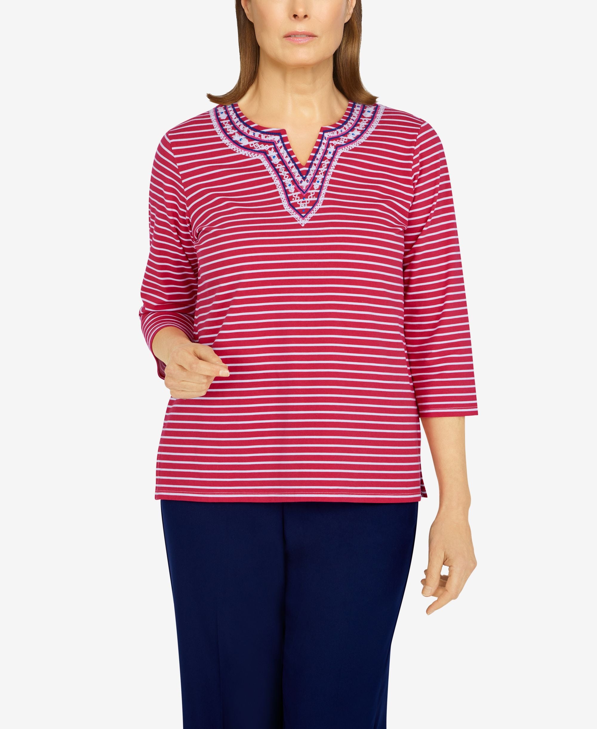 Women's Happy Hour Striped Print Embroidered Yoke Top