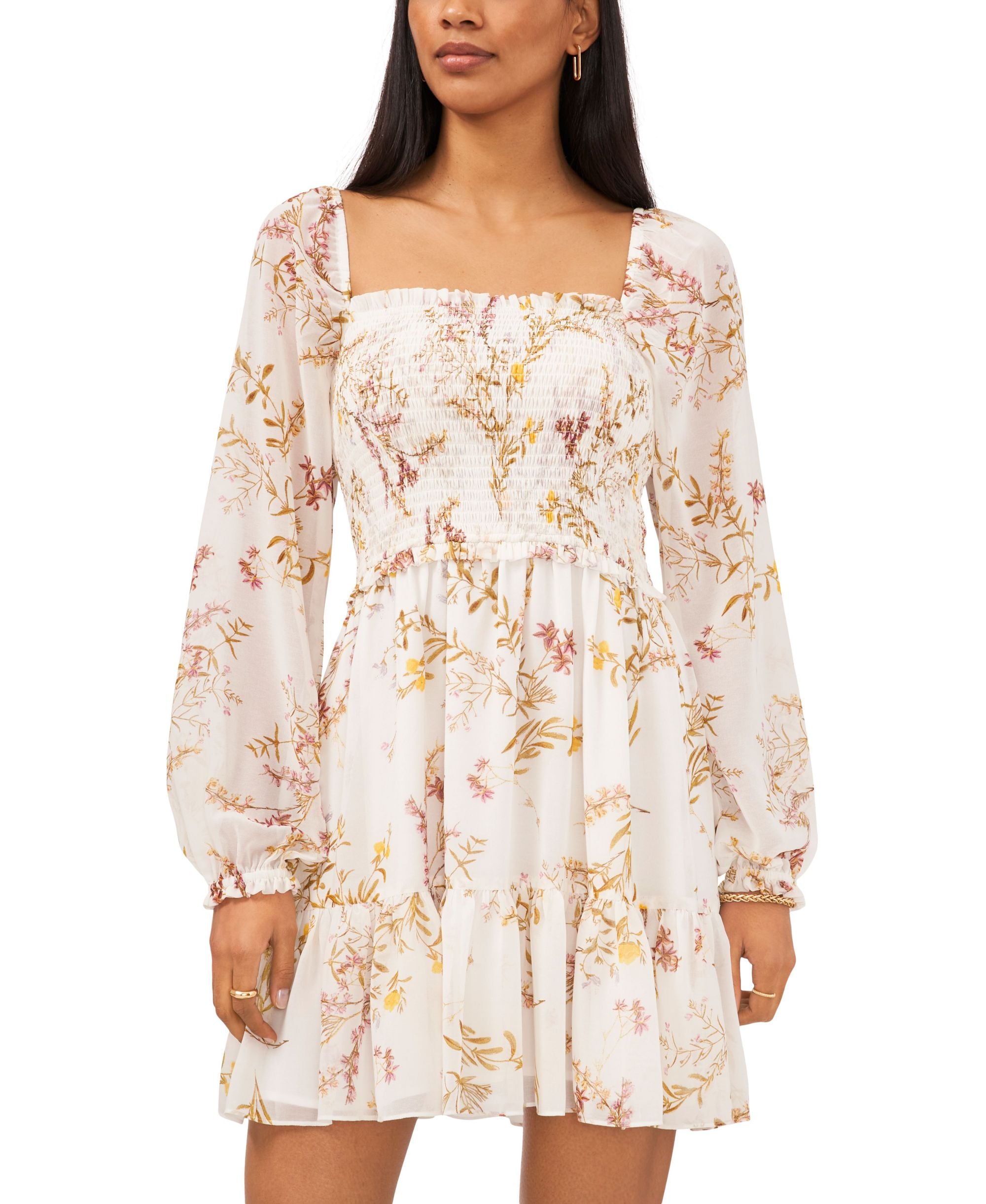 1.State Printed Smocked Ruffle Hem Dress