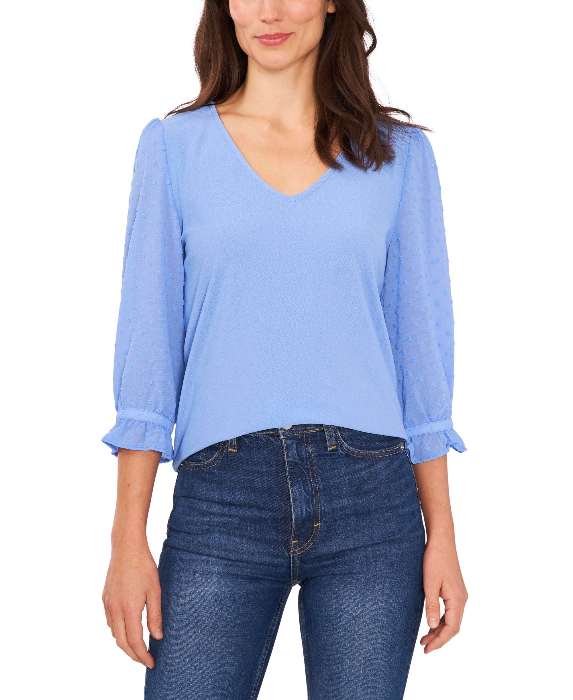 Women's V-Neck Clip Dot Ruffle Long Sleeve Blouse