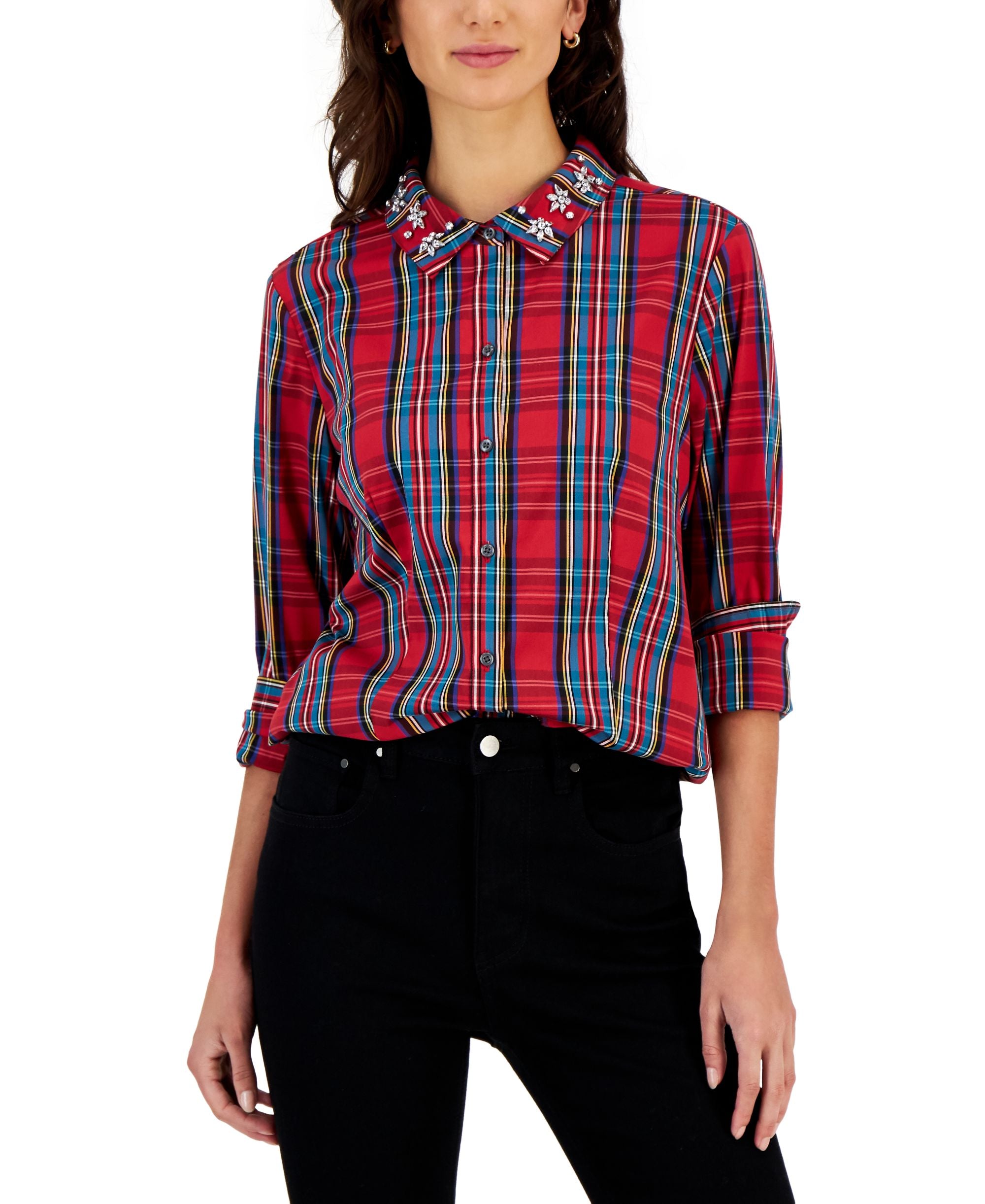 Charter Club Womens Embellished Collar Shirt