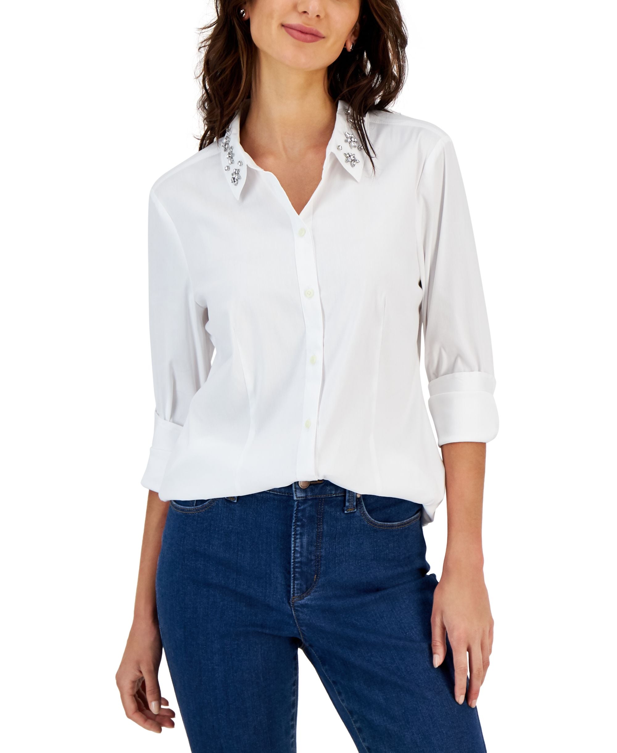 Charter Club Petite Embellished Collar Button Up Shirt