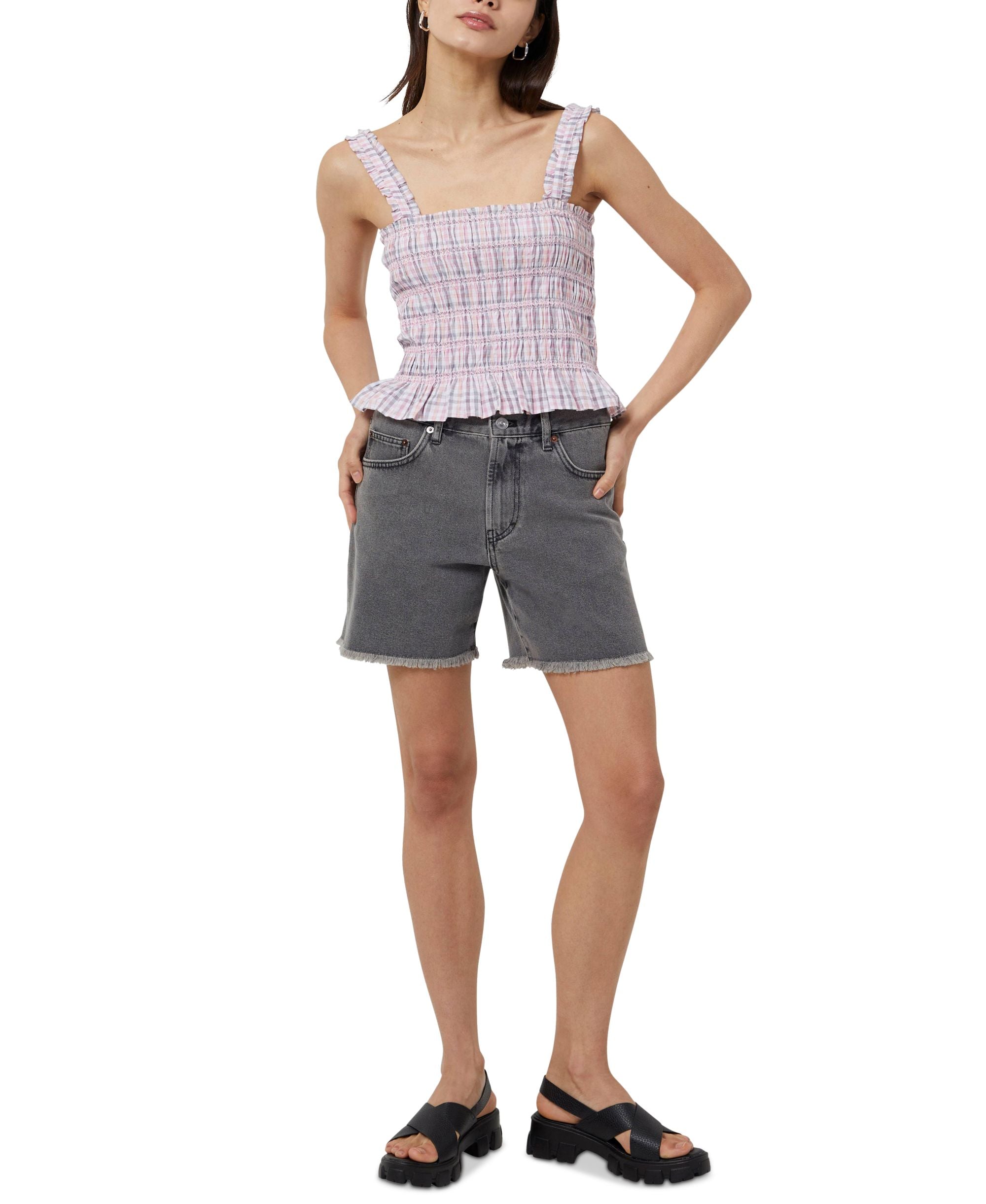 French Connection Womens Yaki Cotton Checked Smocked Top