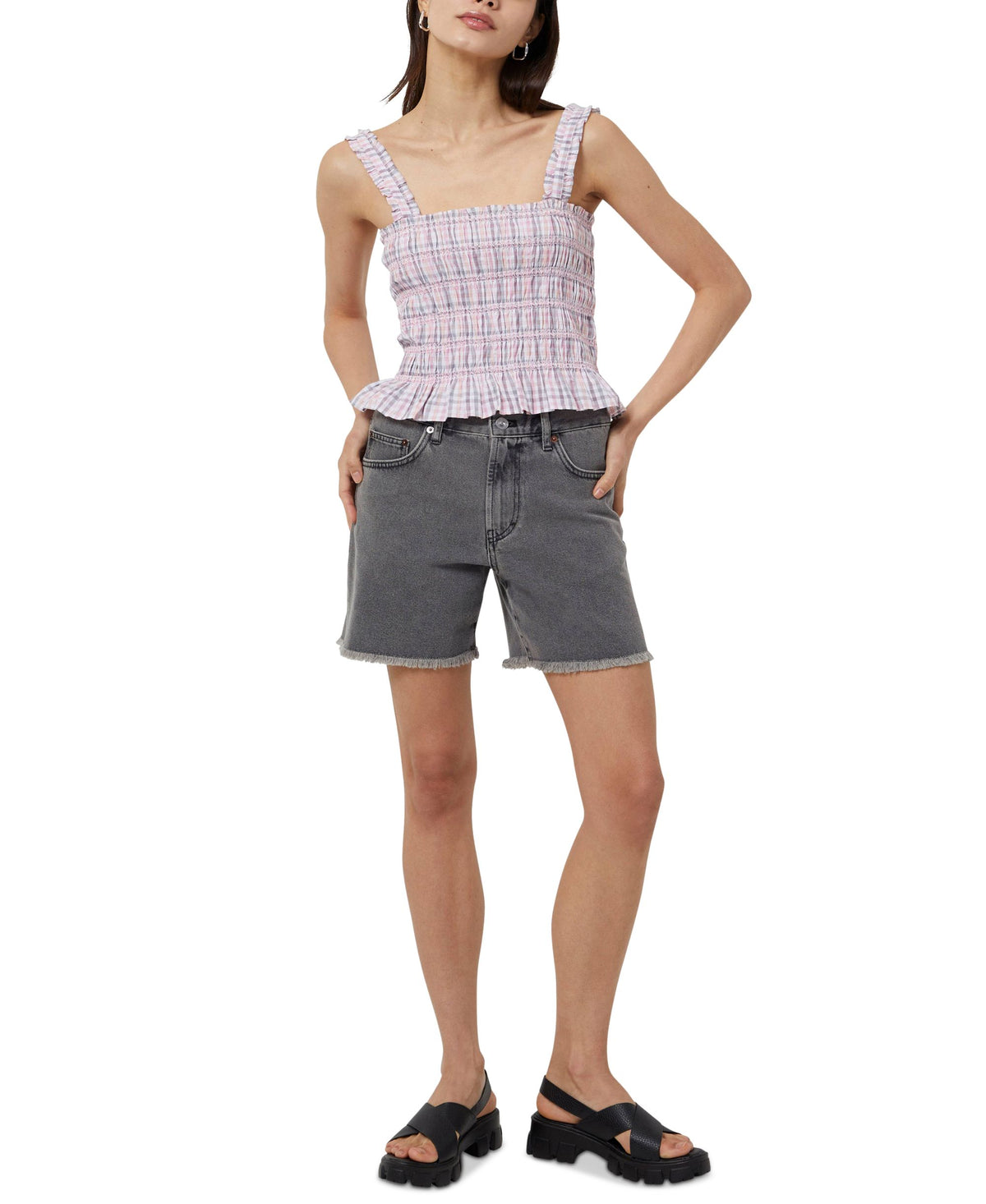 French Connection Womens Yaki Cotton Checked Smocked Top