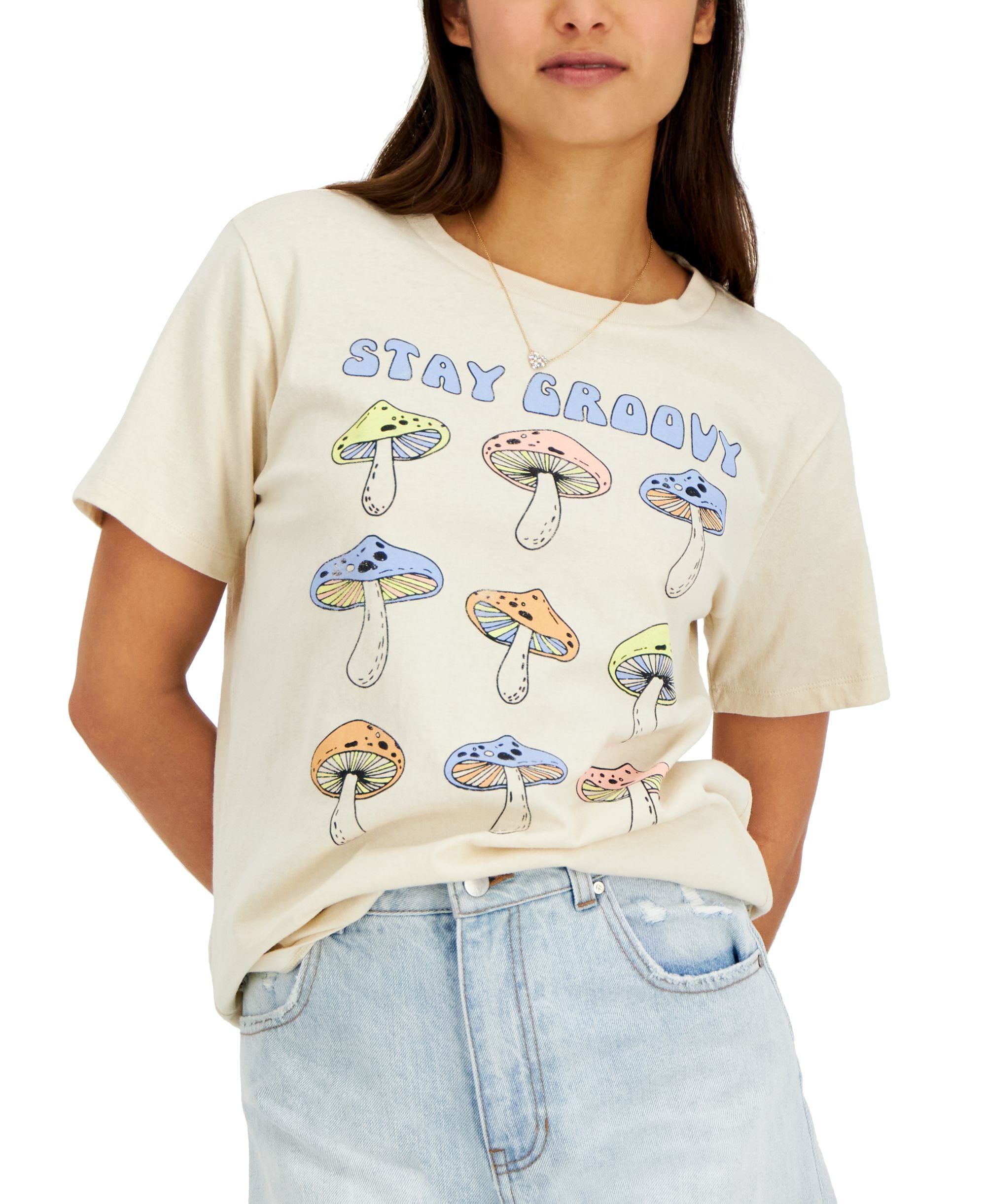 Juniors' Cotton Mushroom-Print T-Shirt
