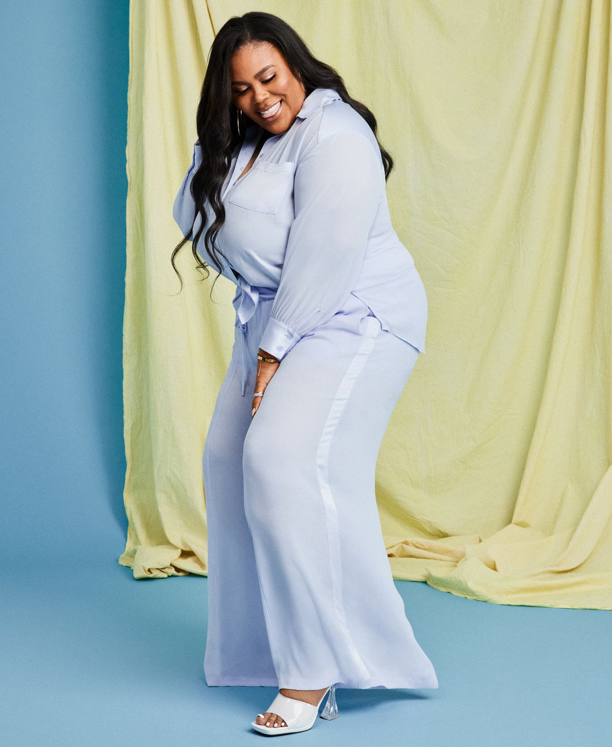 Nina Parker Trendy Plus Size Satin Trim Wide Leg Pants