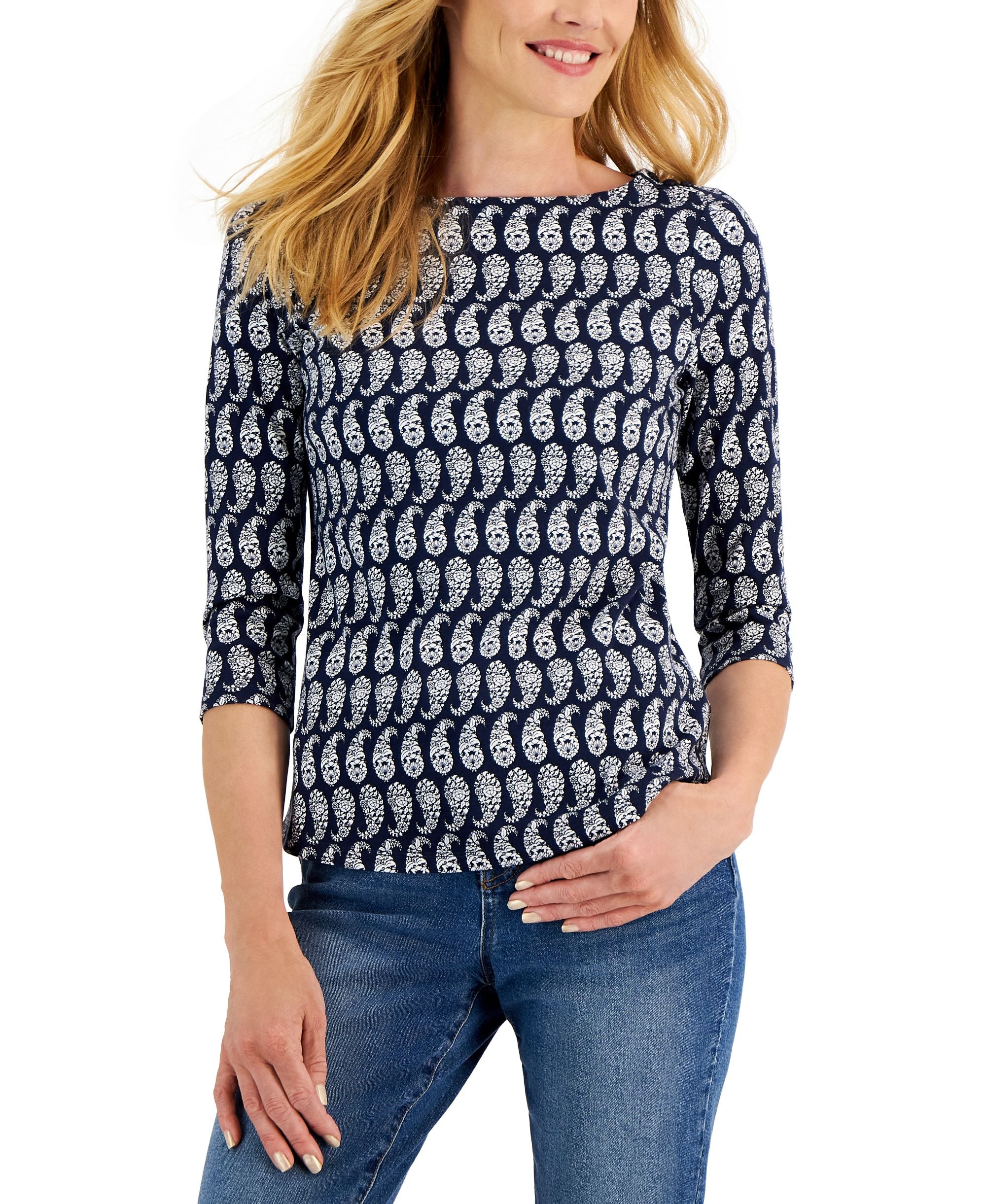 Charter Club Womens 3/4 Sleeve Paisley Print Top