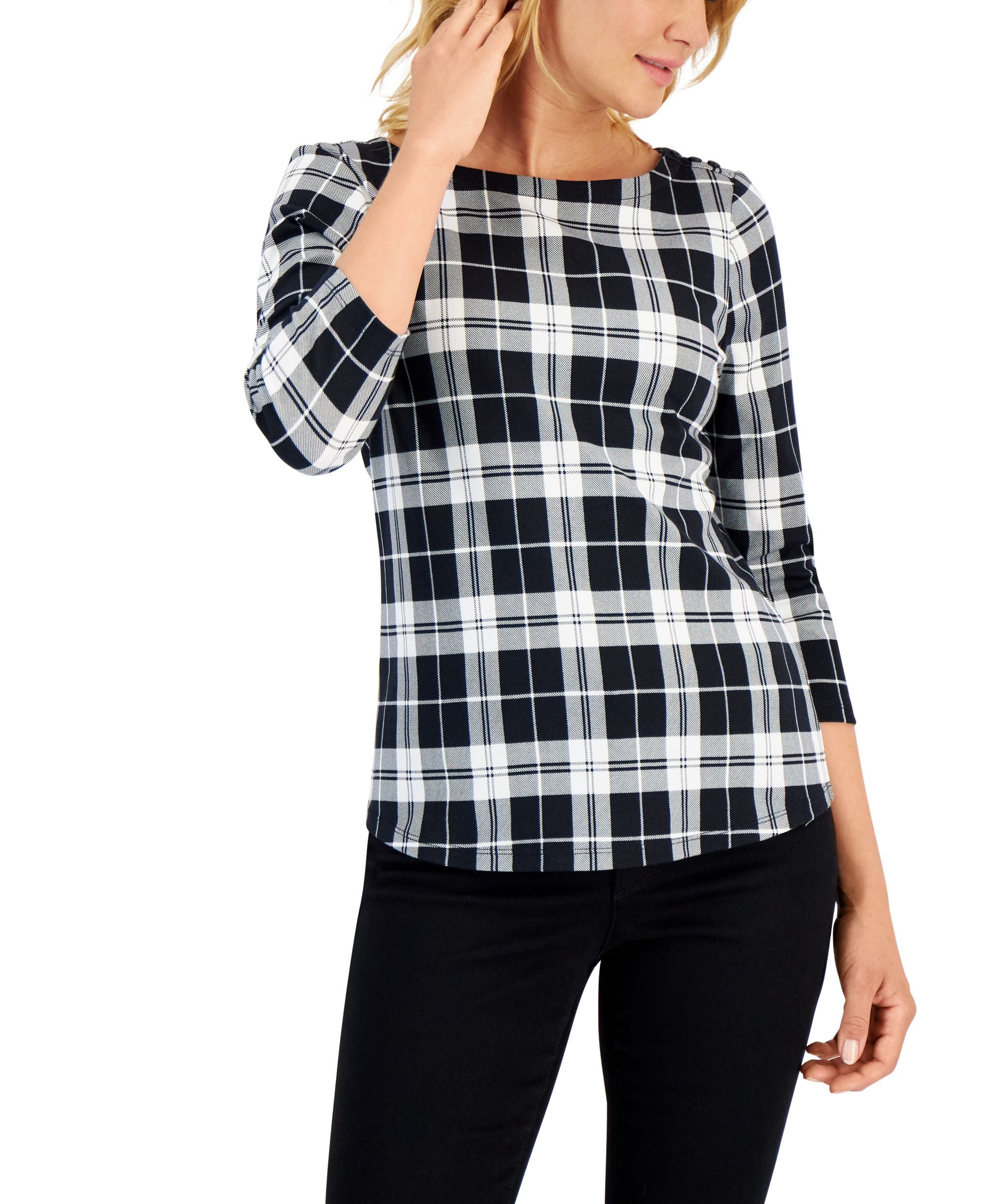 Charter Club Womens Cotton Plaid Top