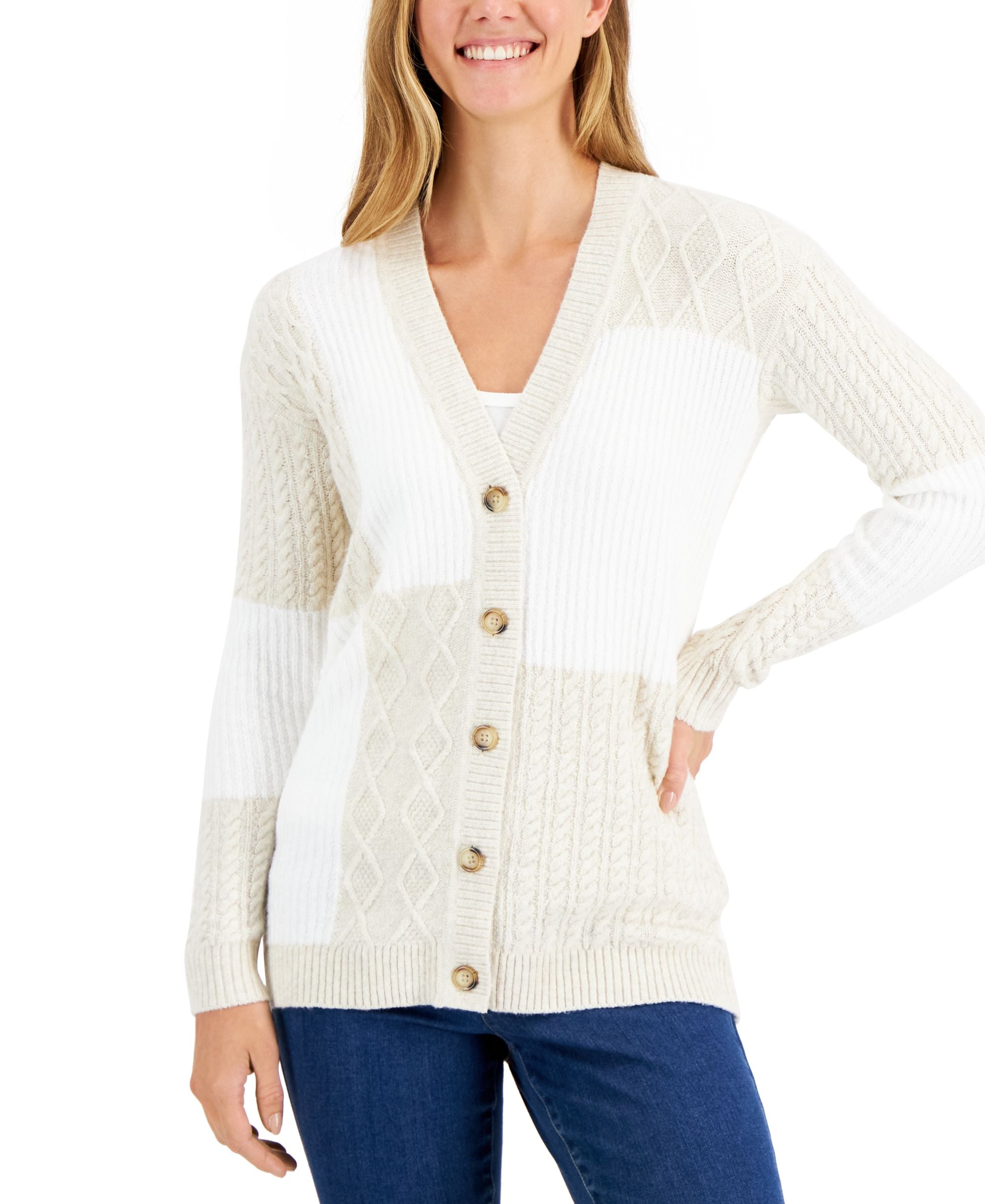 Charter Club Womens Patchwork Knit Cardigan
