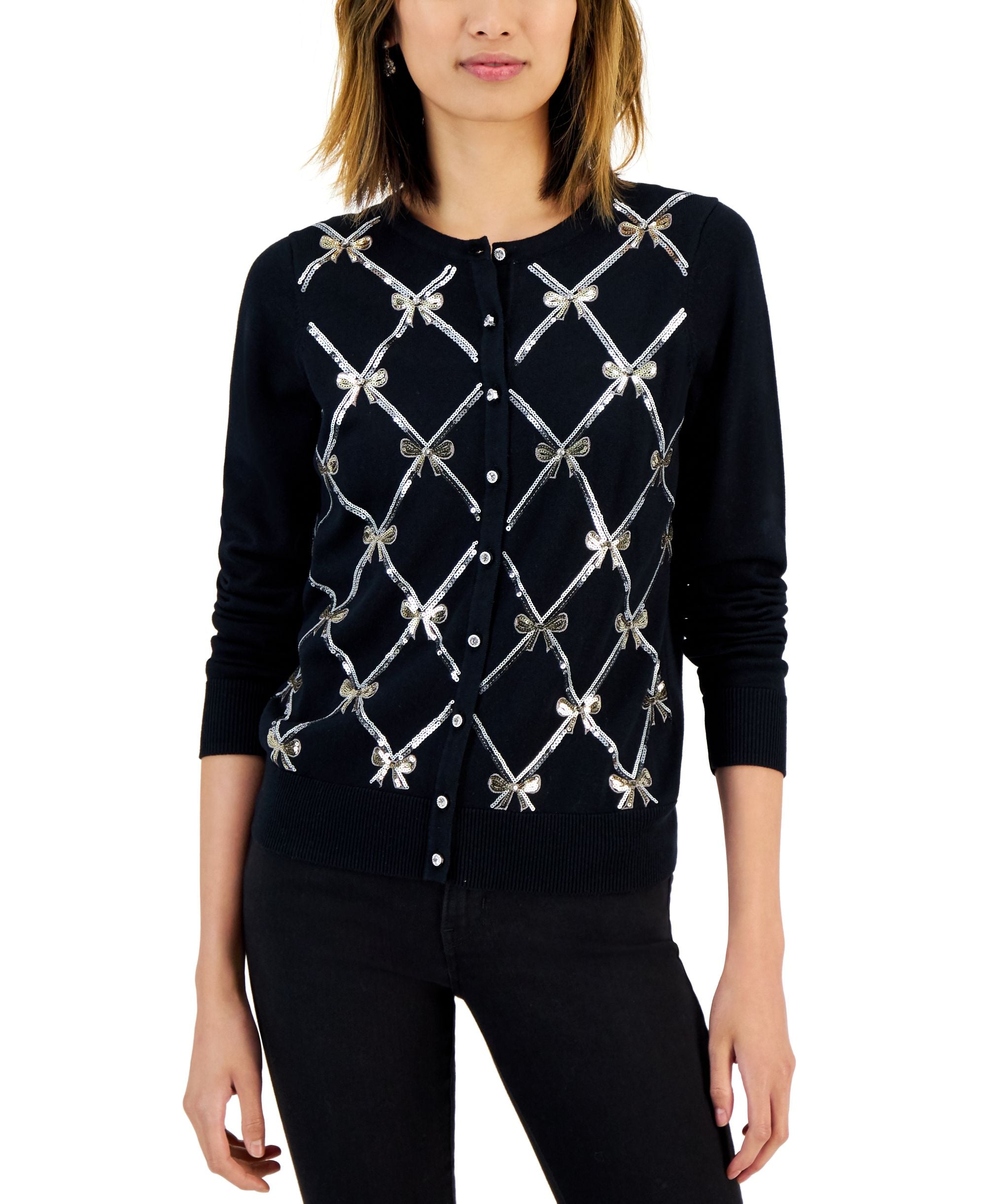 Charter Club Womens Sequined Bow Cardigan