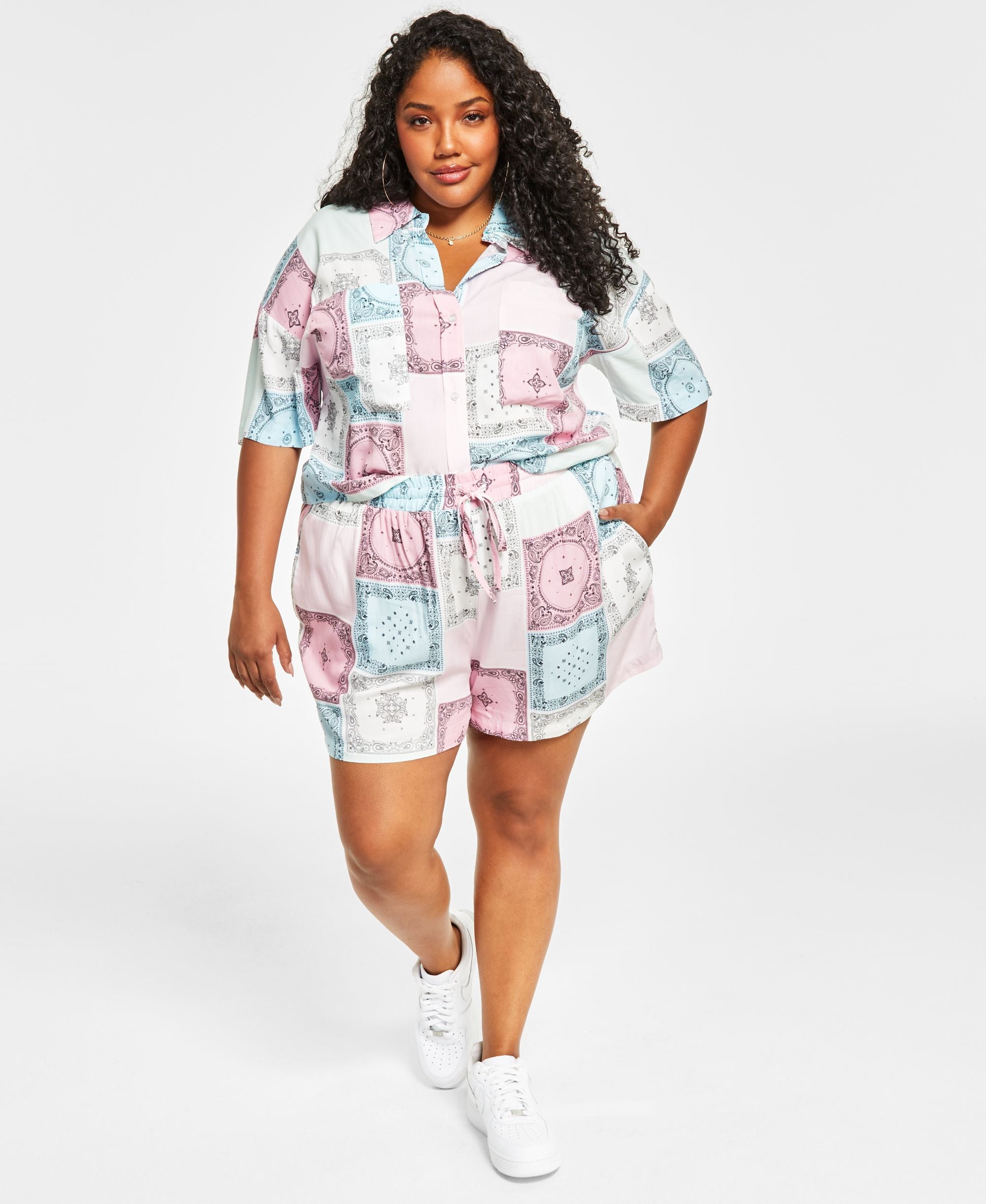 Nina Parker Trendy Plus Size Button Front Cropped Top
