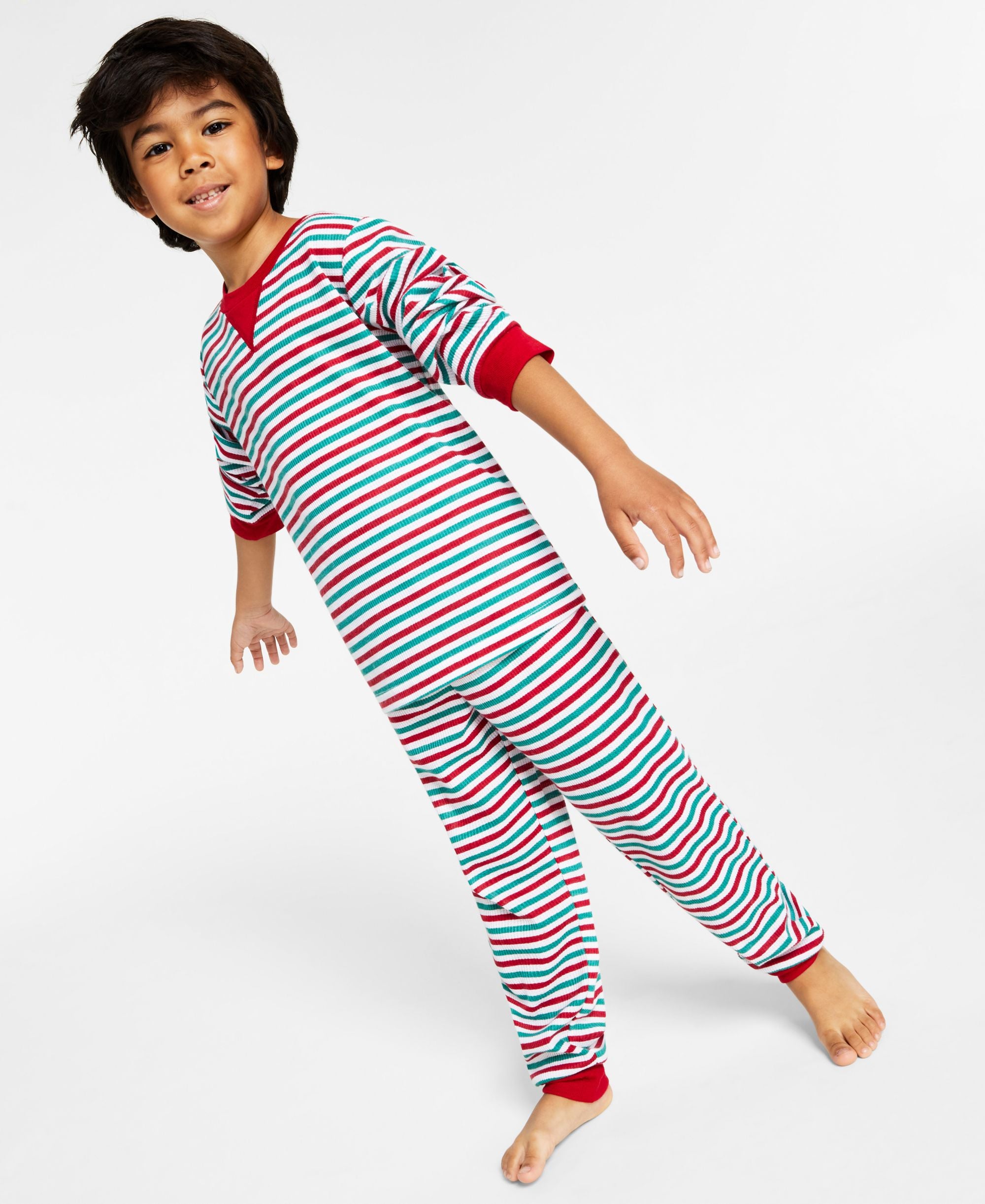 Matching Kids Thermal Waffle Holiday Stripe Pajama Set