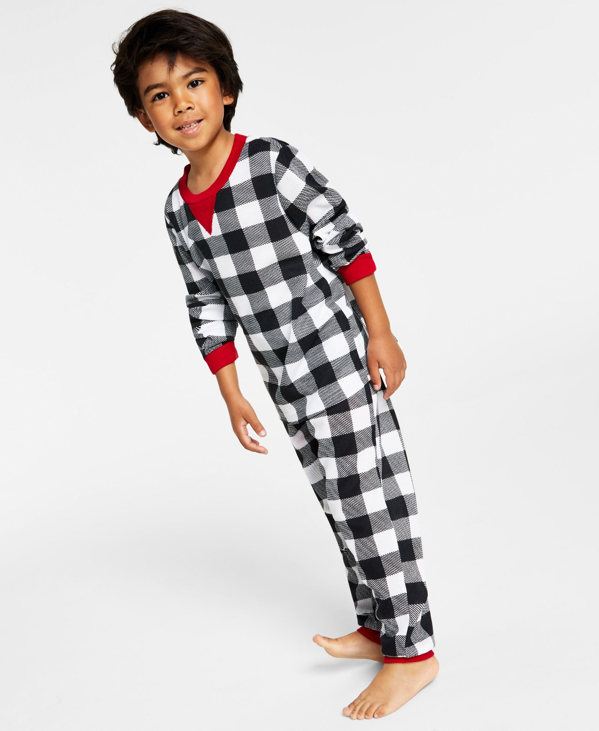 Matching Kids Thermal Waffle Buffalo Check Pajama Set