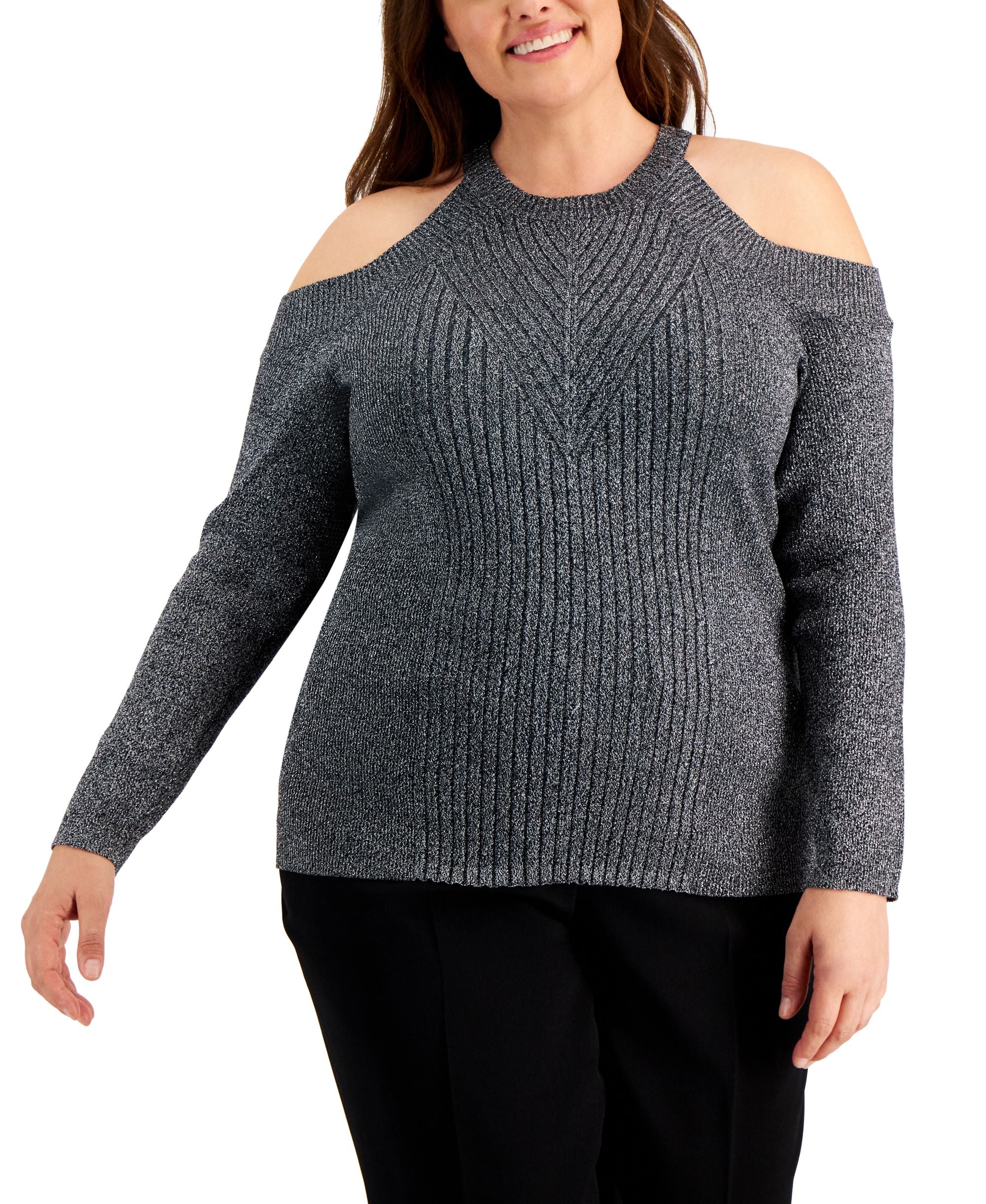 INC International Concepts Plus Size Shine Cold Shoulder Sweater