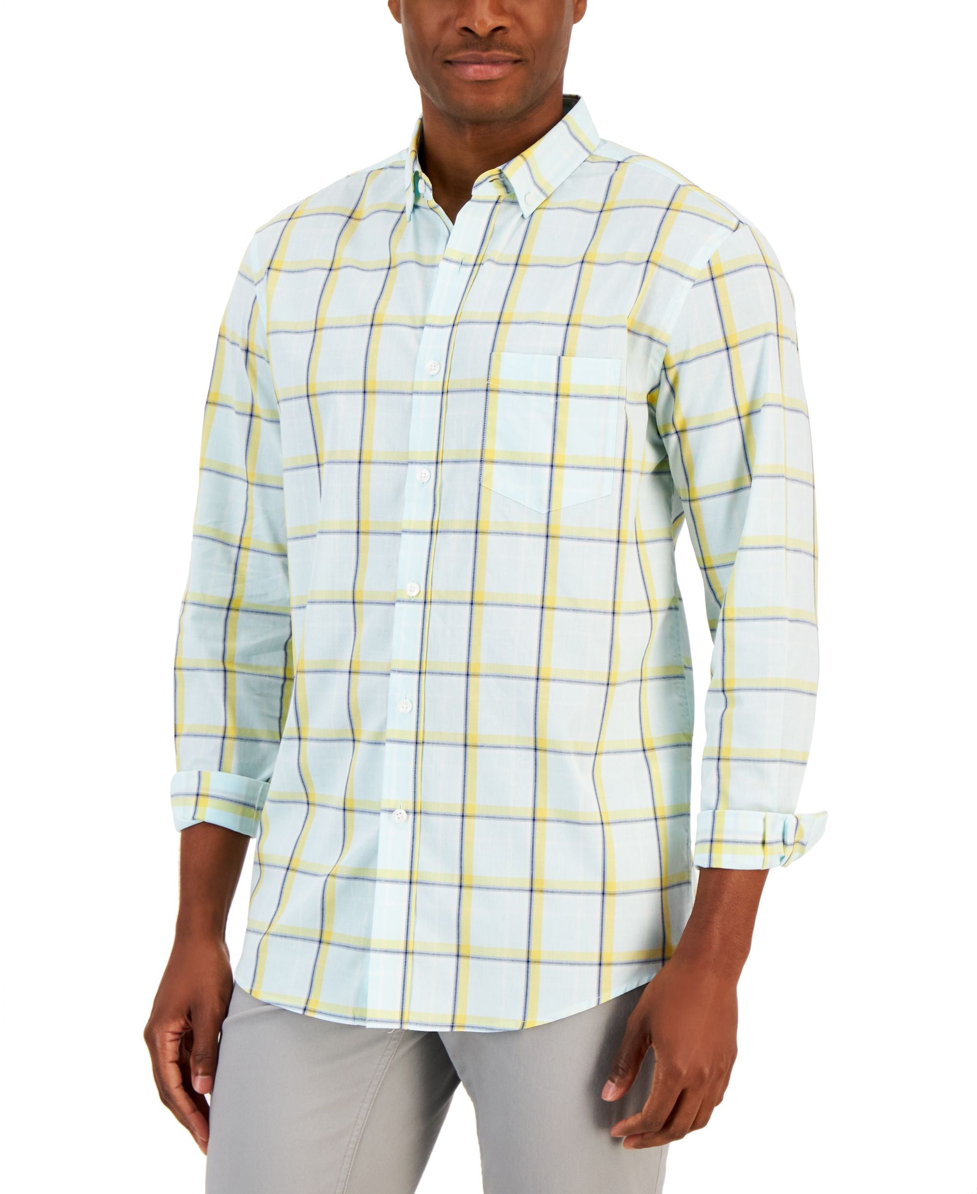 Club Room Mens Cresta Plaid Woven Long Sleeve Single Pocket Shirt