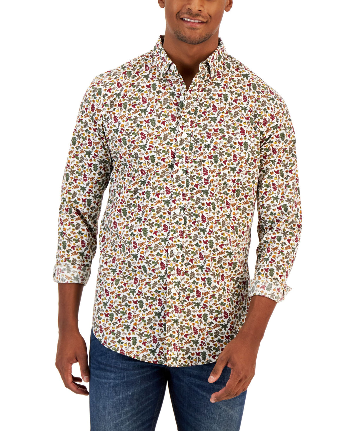 Club Room Mens Autumnal Foliage Classic Fit Botanical Print Button Down Poplin Shirt
