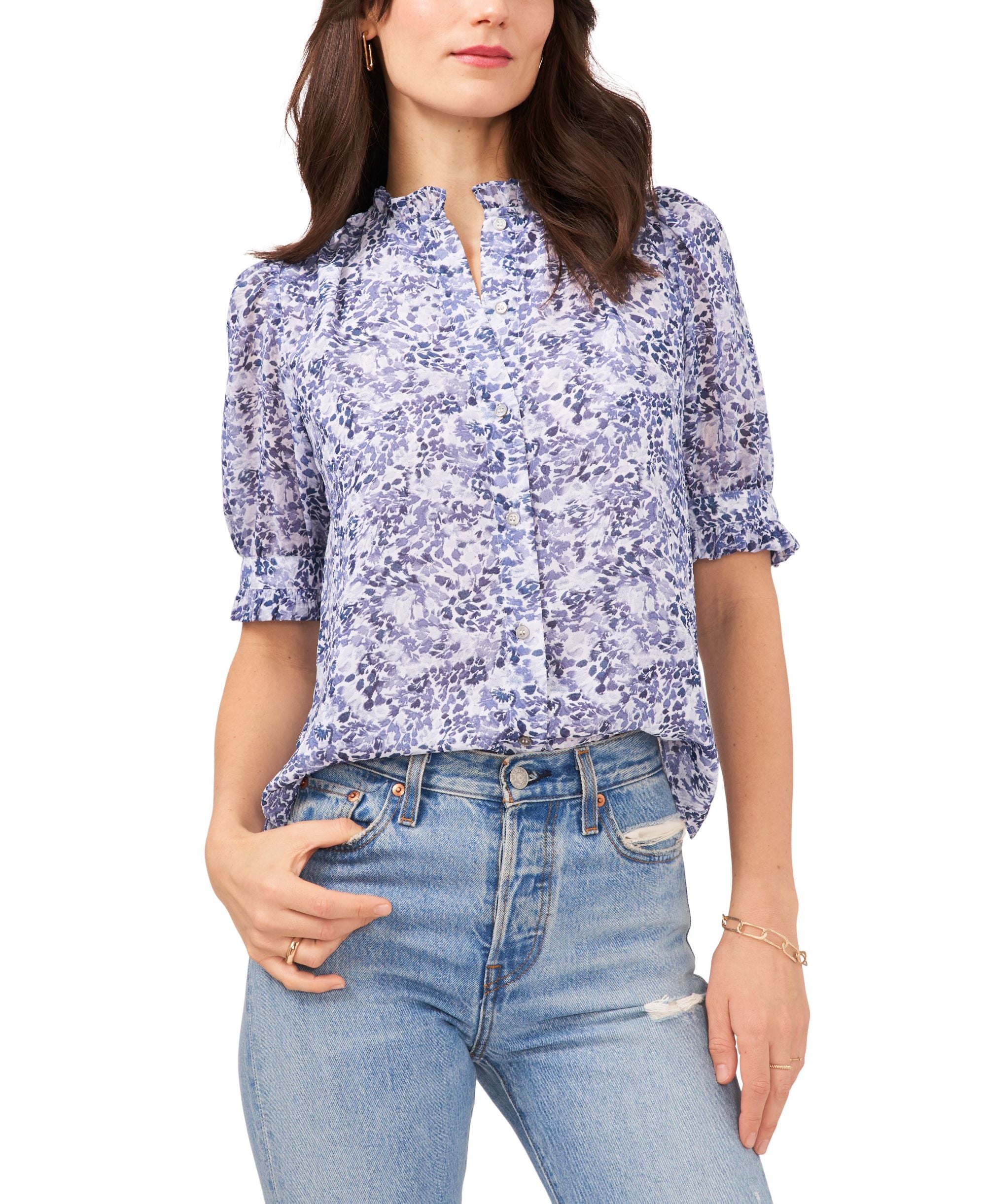 Printed Short Sleeve Ruffled Crewneck Button Up Top