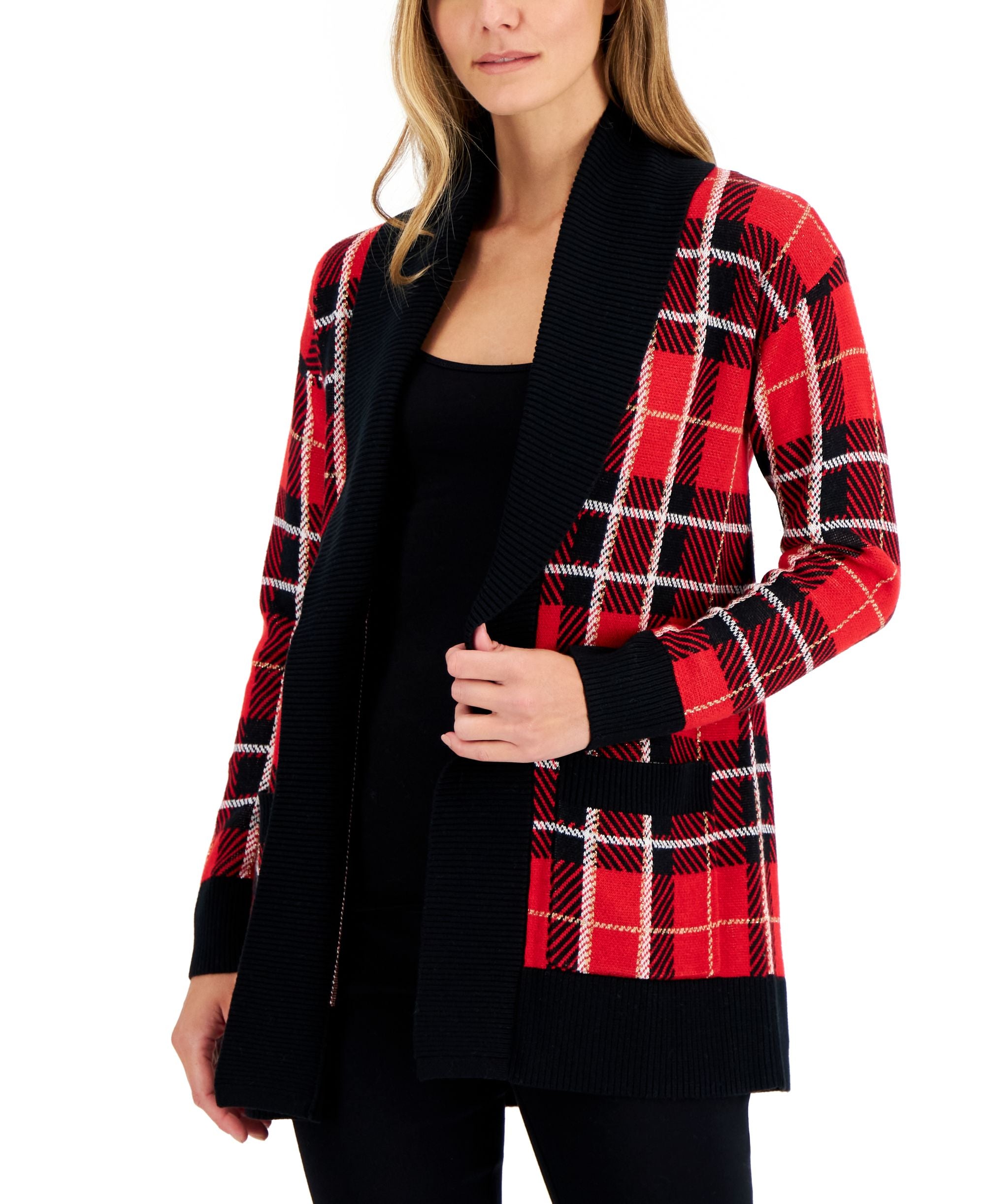 Charter Club Womens Plaid Open Front Cardigan