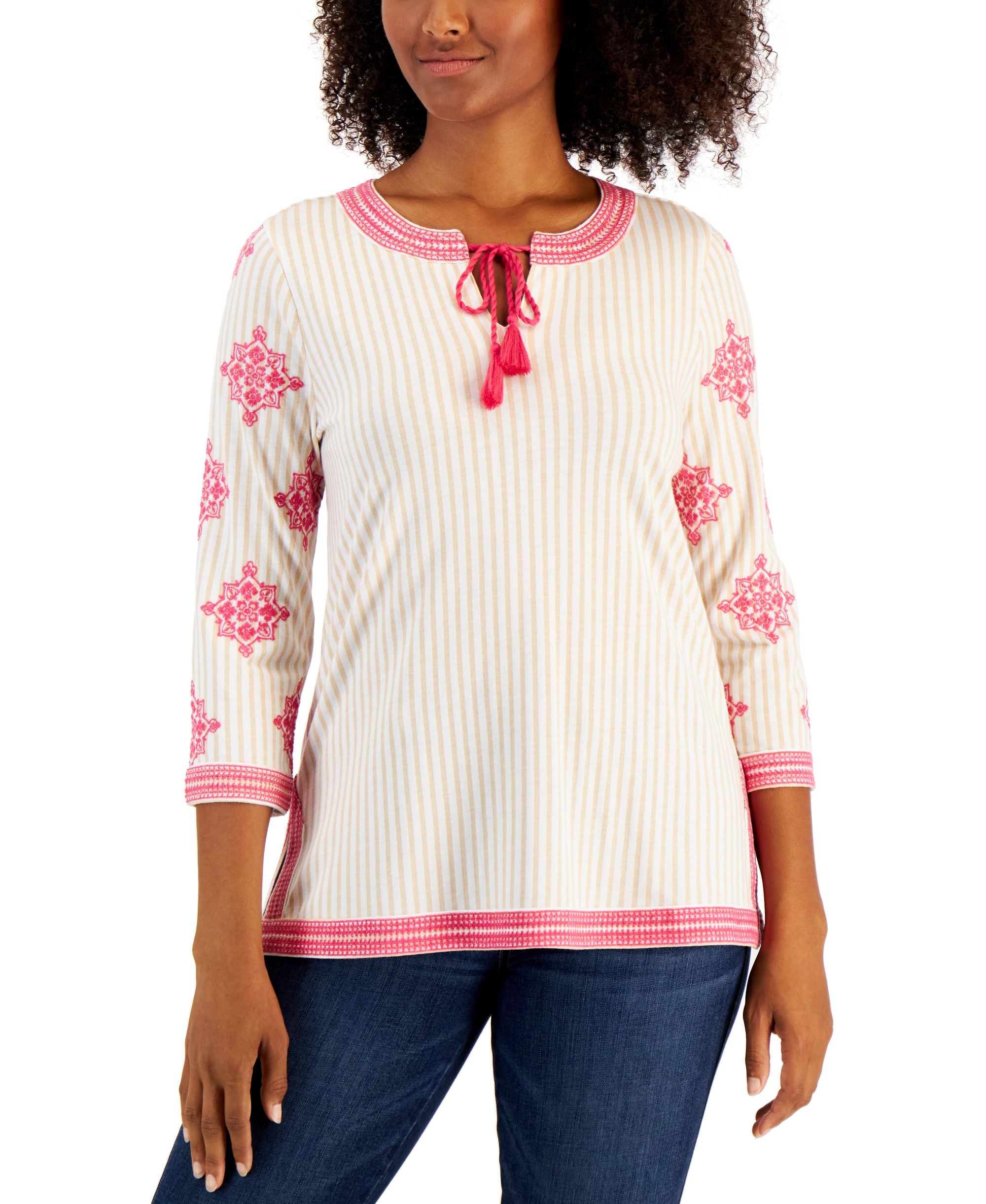 Charter Club Petite Anthem Striped Embroidery Top