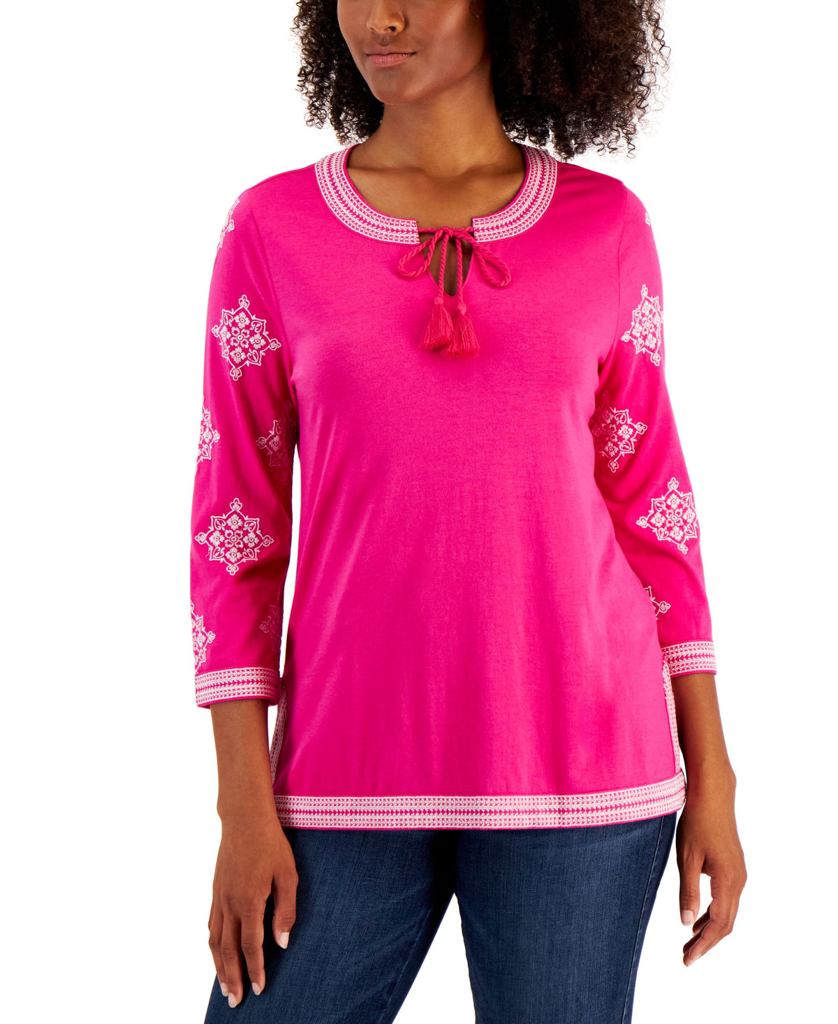 Charter Club Petite Embroidered Tie Neck Top