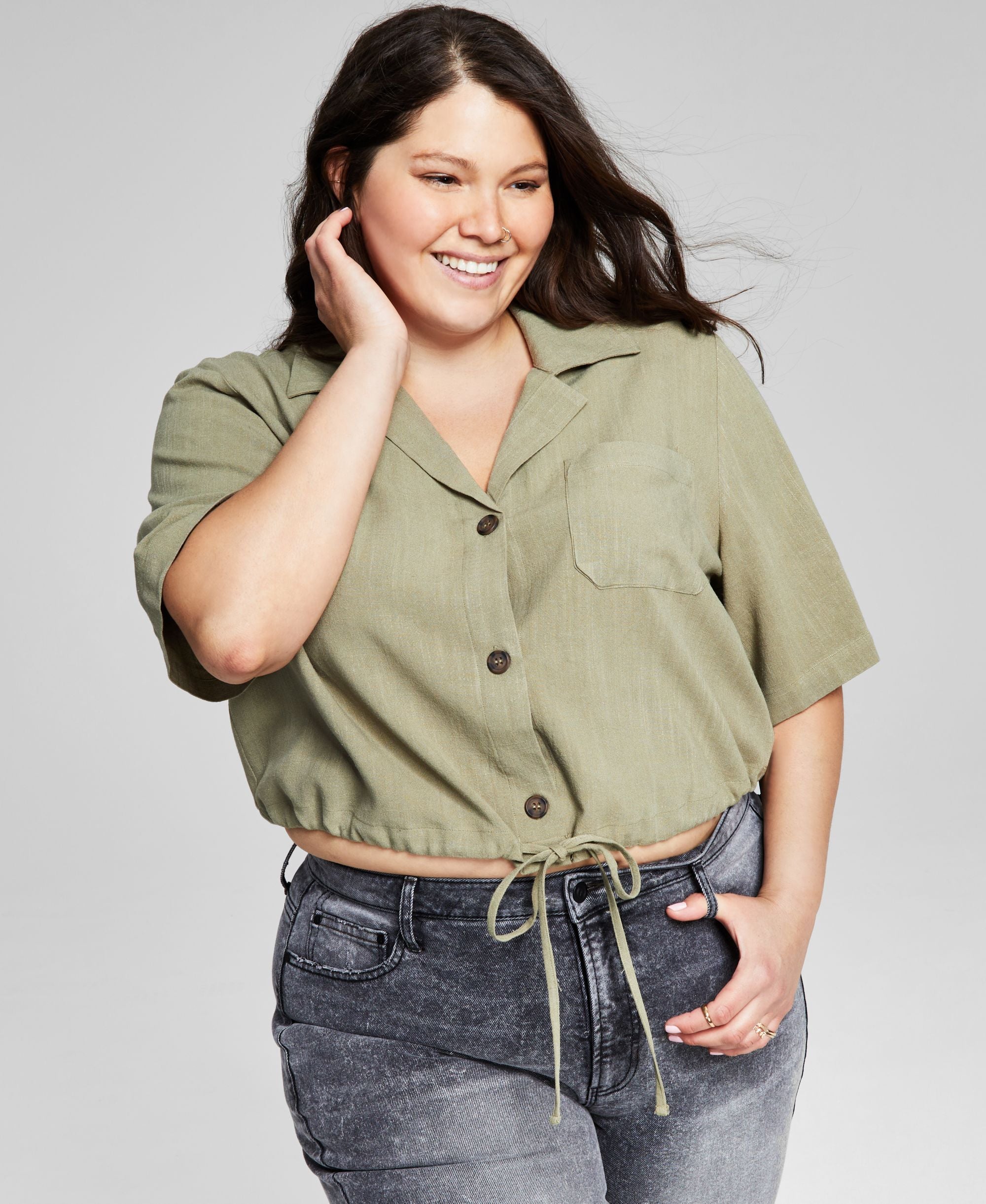 Now This Trendy Plus Size Tie Front Woven Shirt