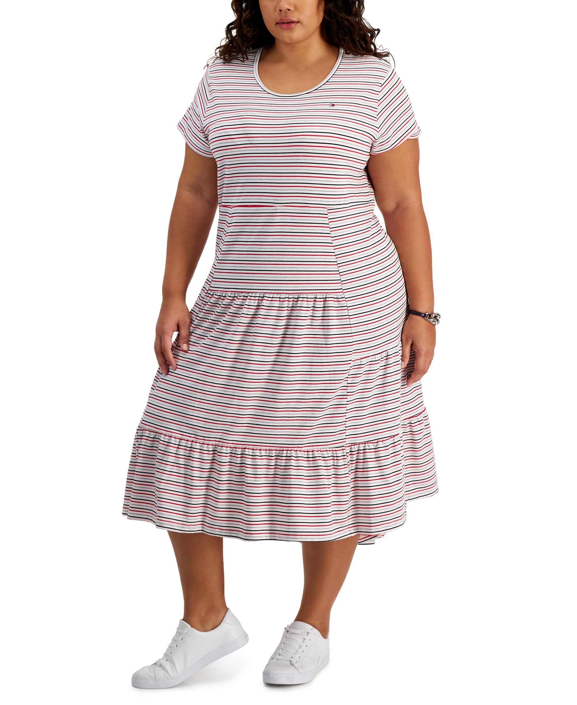 Tommy Hilfiger Plus Size Tiered Striped Midi Dress