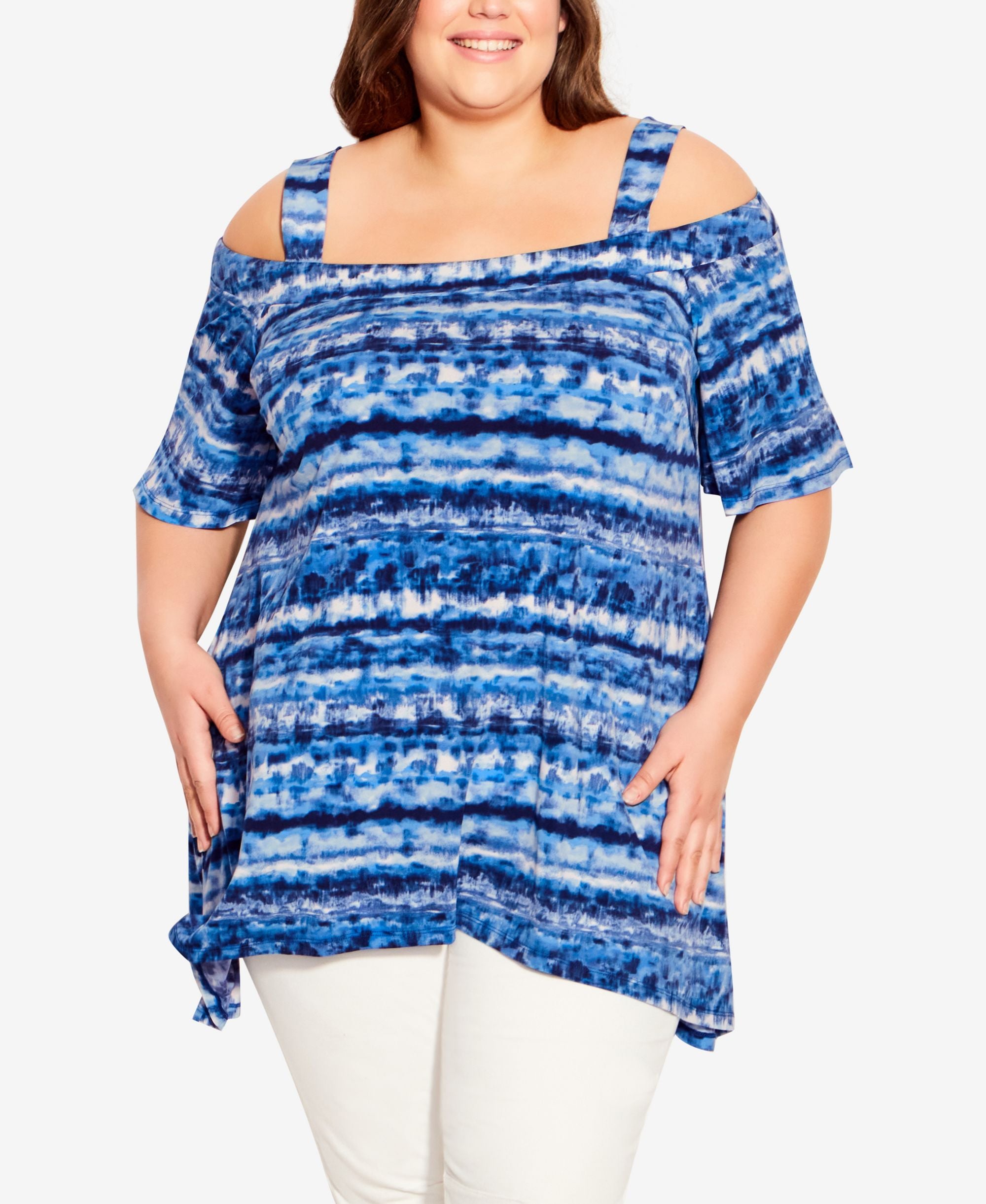 Plus Size Cold Shoulder Print Tunic Top
