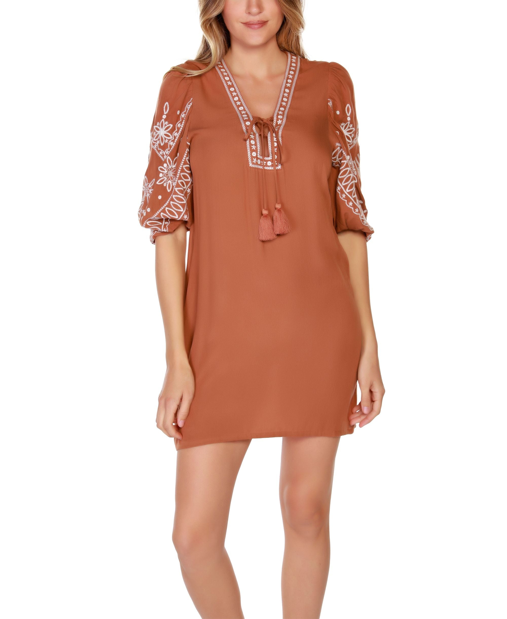 Belldini Black Label Petite Embroidered Tie Neck Dress