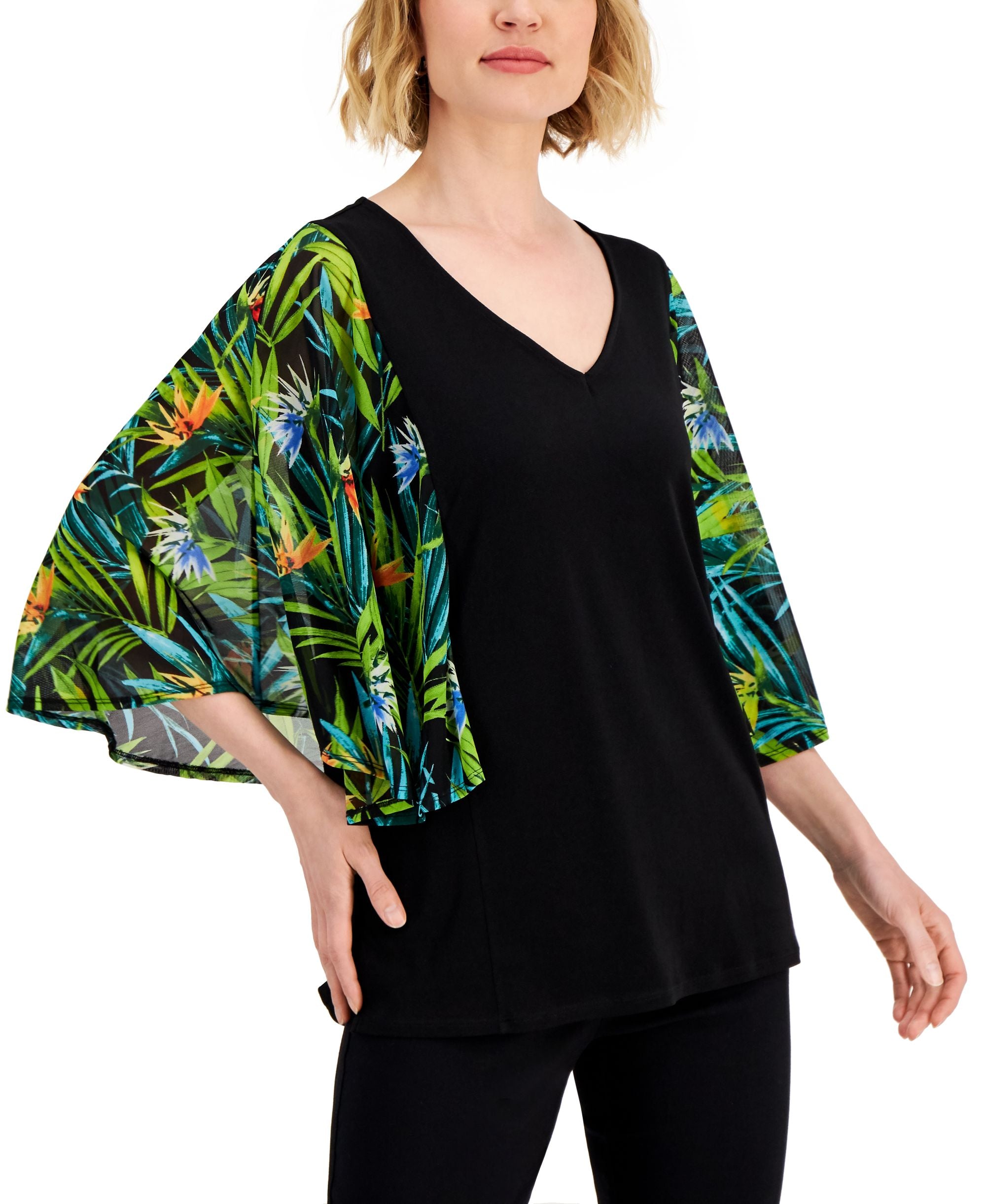 JM Collection Womens Tanzania Leaf Printed Sleeve Top