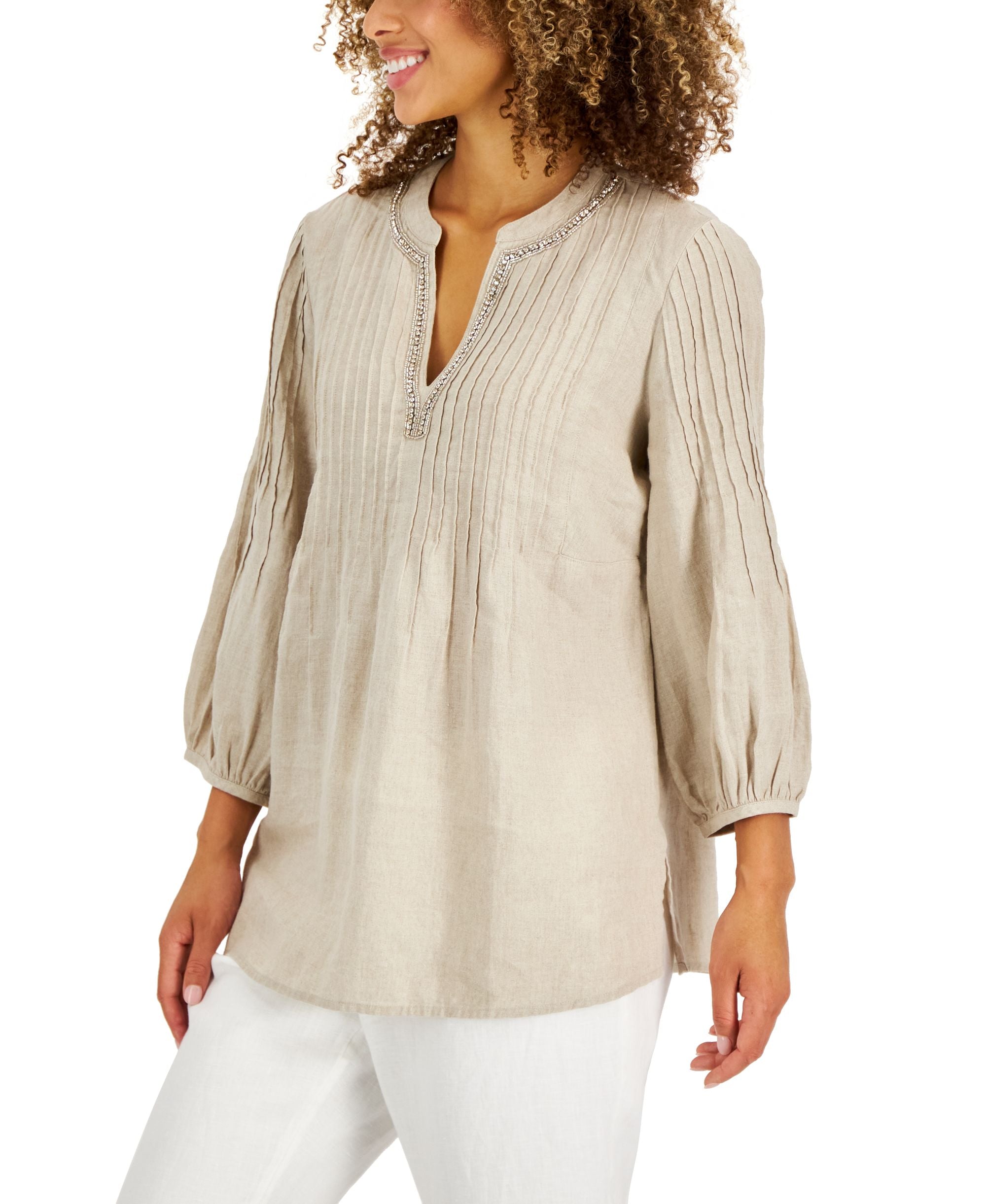 Women's 100% Linen Puff-Sleeve Tunic