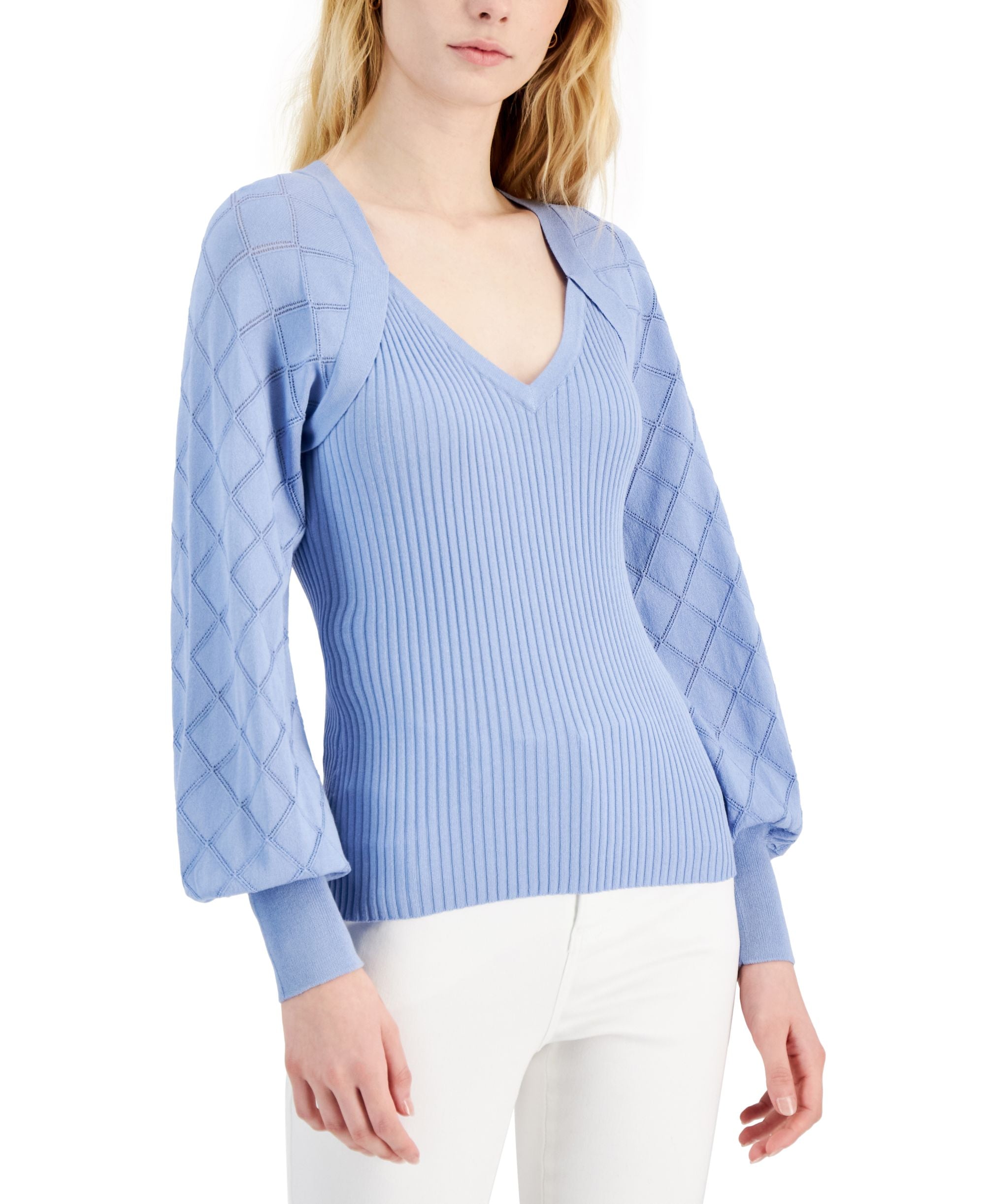Women's Pointelle-Knit-Sleeve Ribbed Sweater