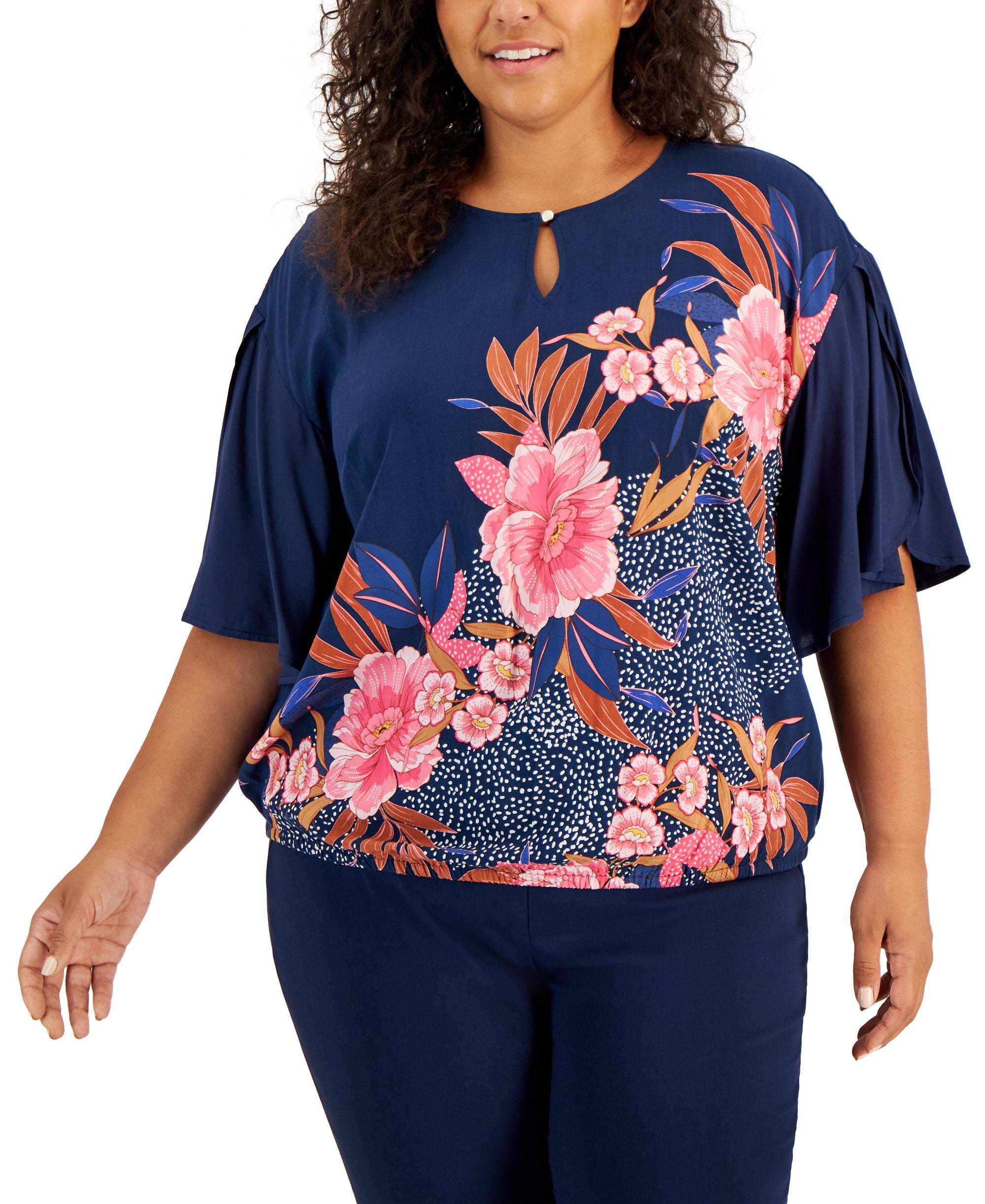 JM Collection Plus Size Keyhole Neck Floral Top