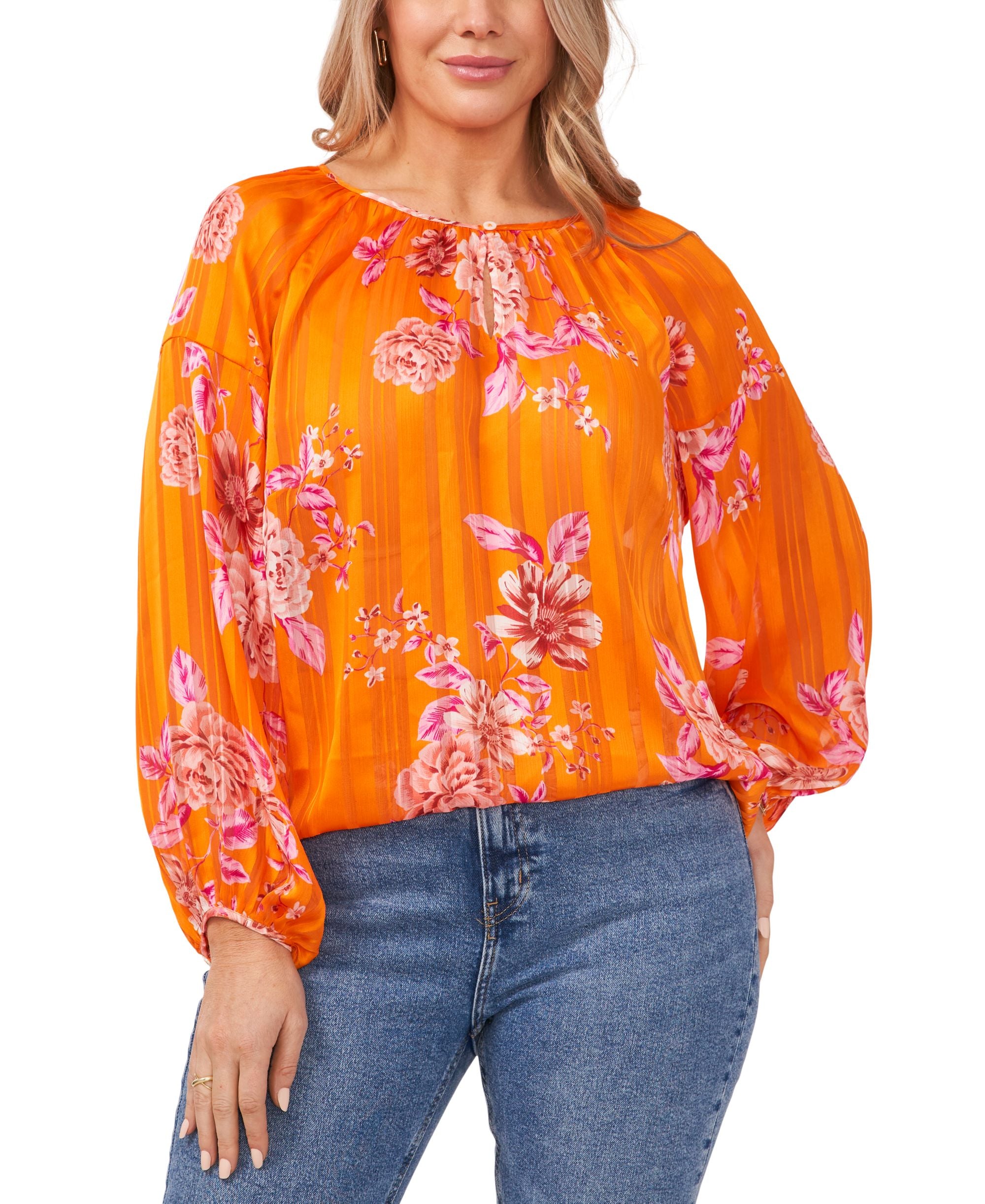 Vince Camuto Plus Size Rio Gardens Floral Stripe Keyhole Blouse Top