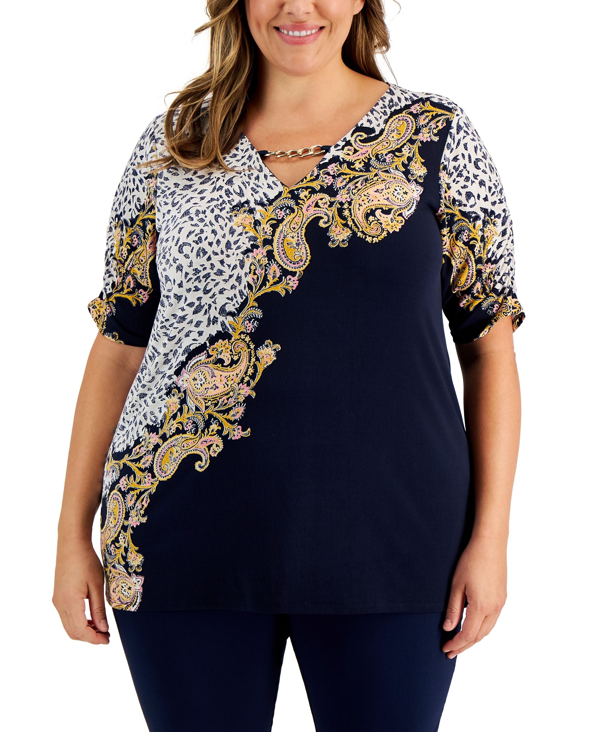 JM Collection Plus Size Beia Paisley Print Ruched Sleeve Tunic