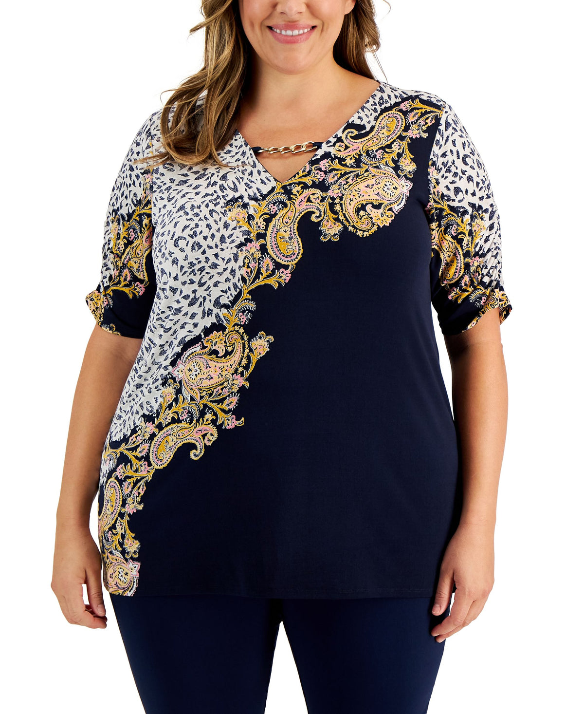 JM Collection Plus Size Beia Paisley Print Ruched Sleeve Tunic