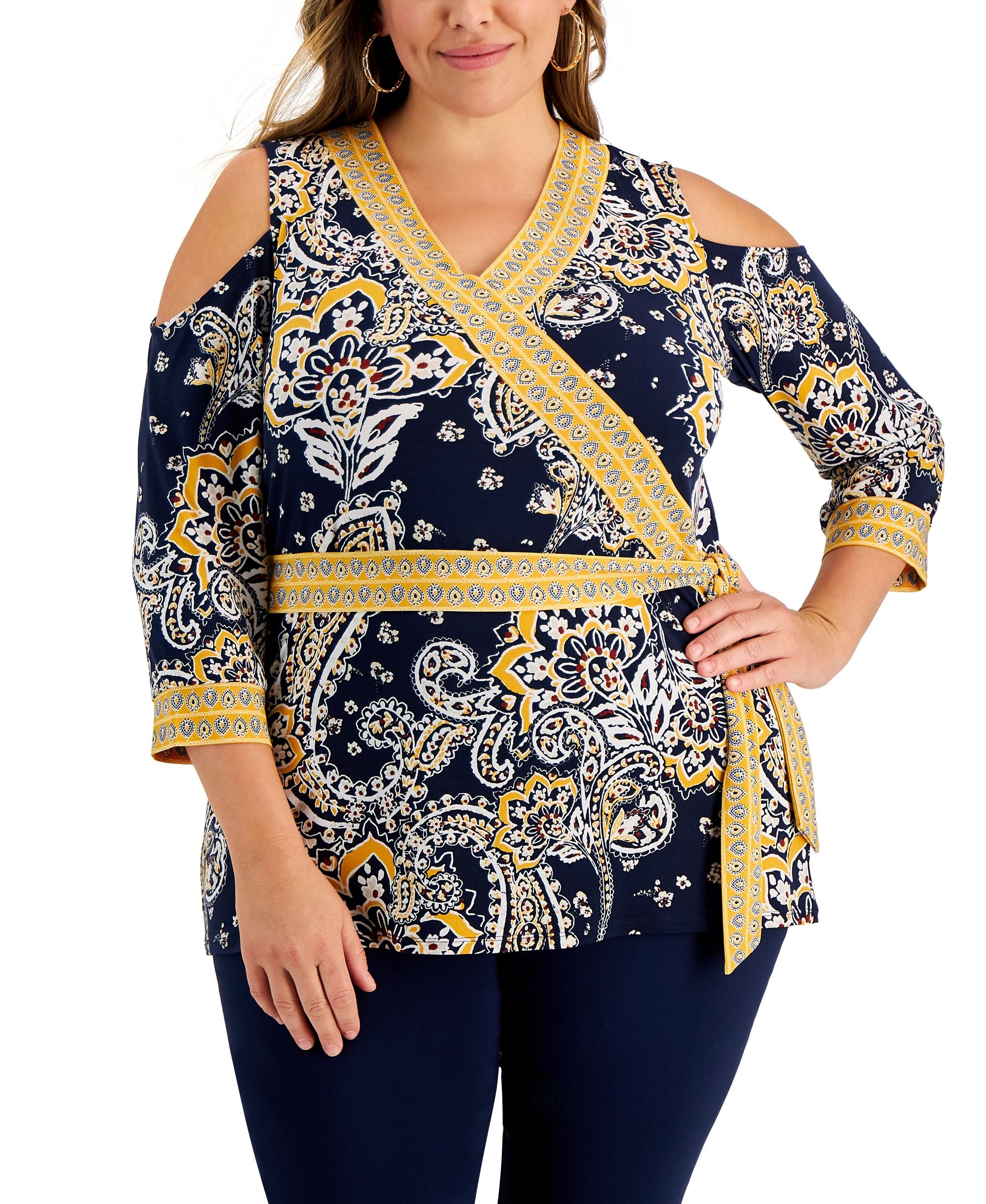 JM Collection Plus Size Nancy Paisley Print Wrap Top