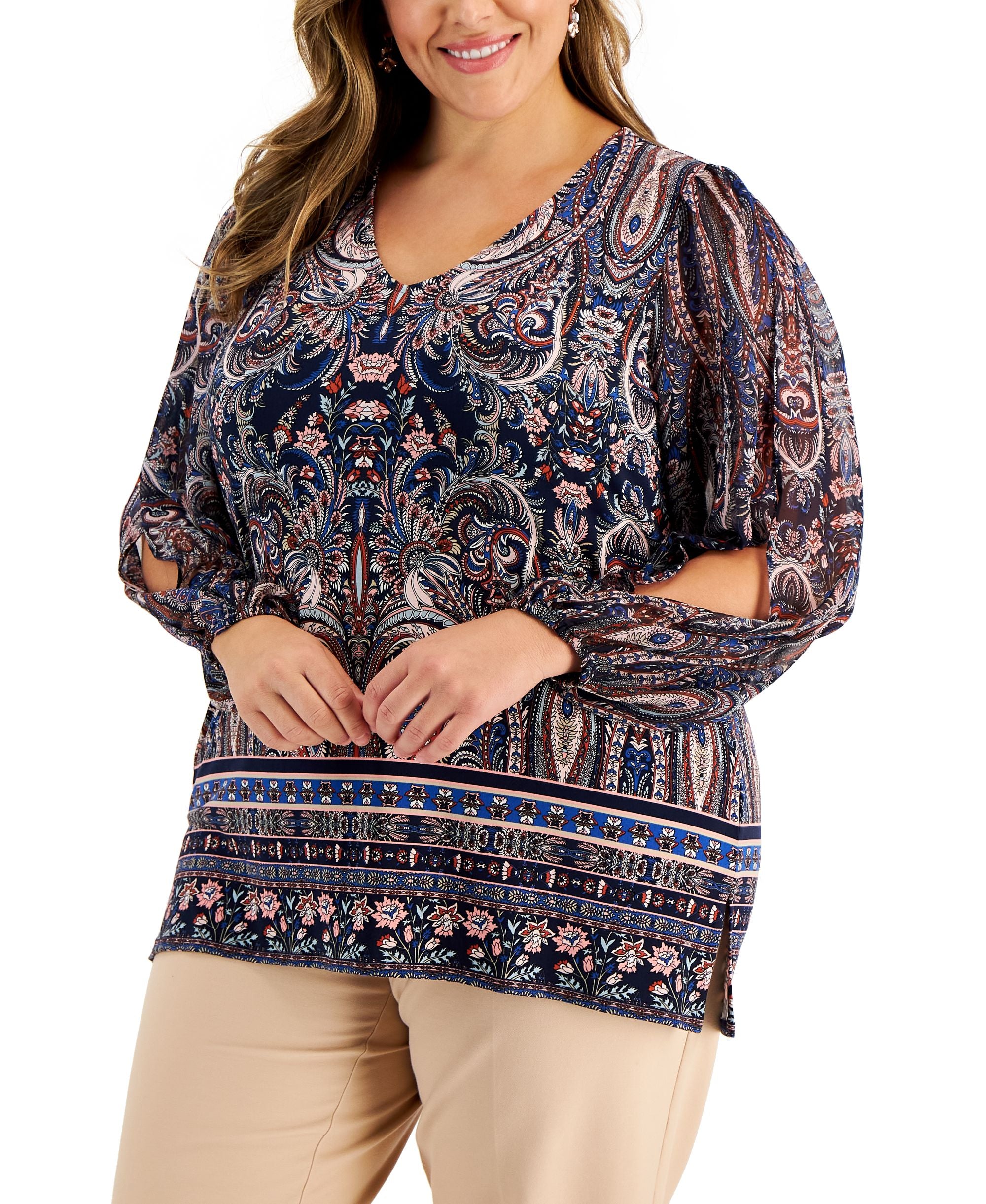 JM Collection Plus Size Paisley Print Split Sleeve Top
