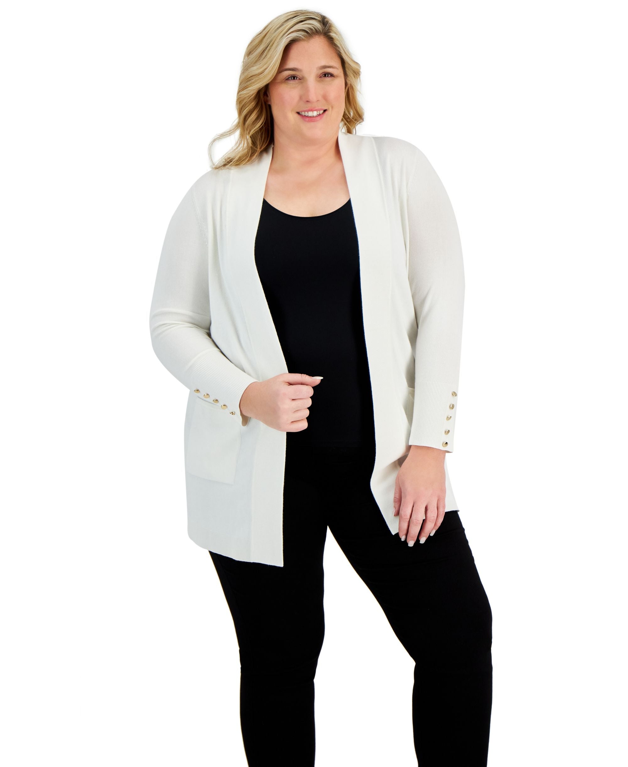 JM Collection Plus Size Button Sleeve Flyaway Cardigan Sweater