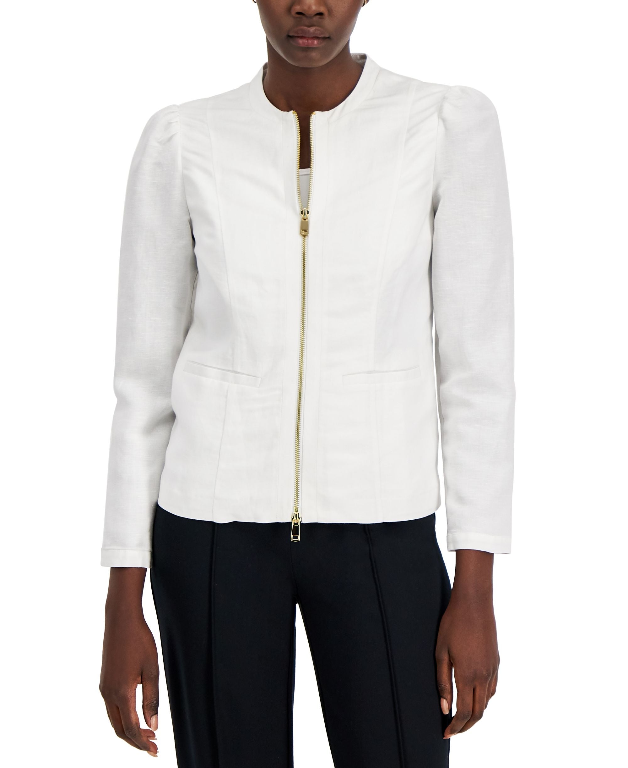 Alfani Womens Textured Linen Zip Crop Jacket