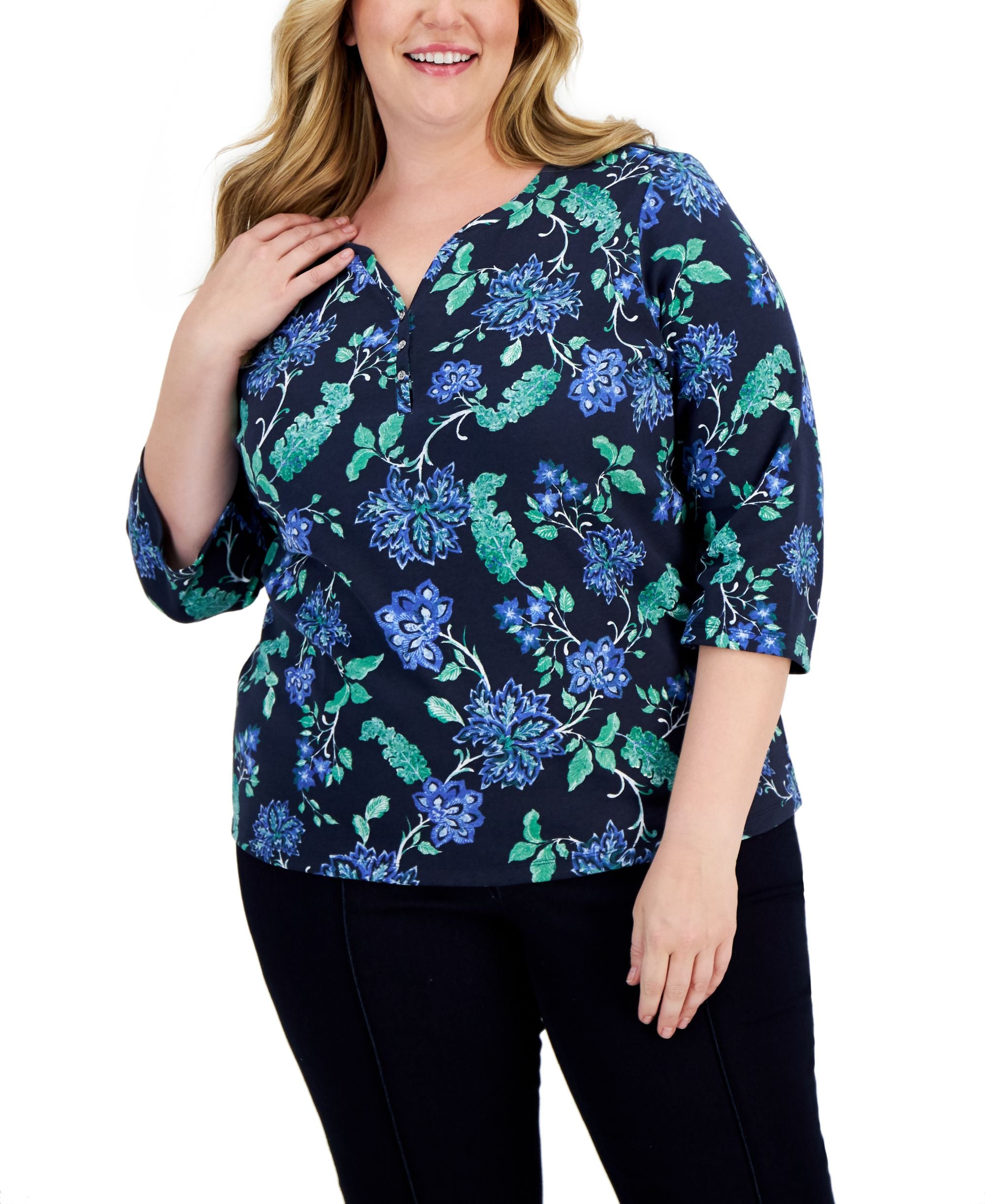 Karen Scott Plus Size Printed 3/4 Sleeve Henley Top