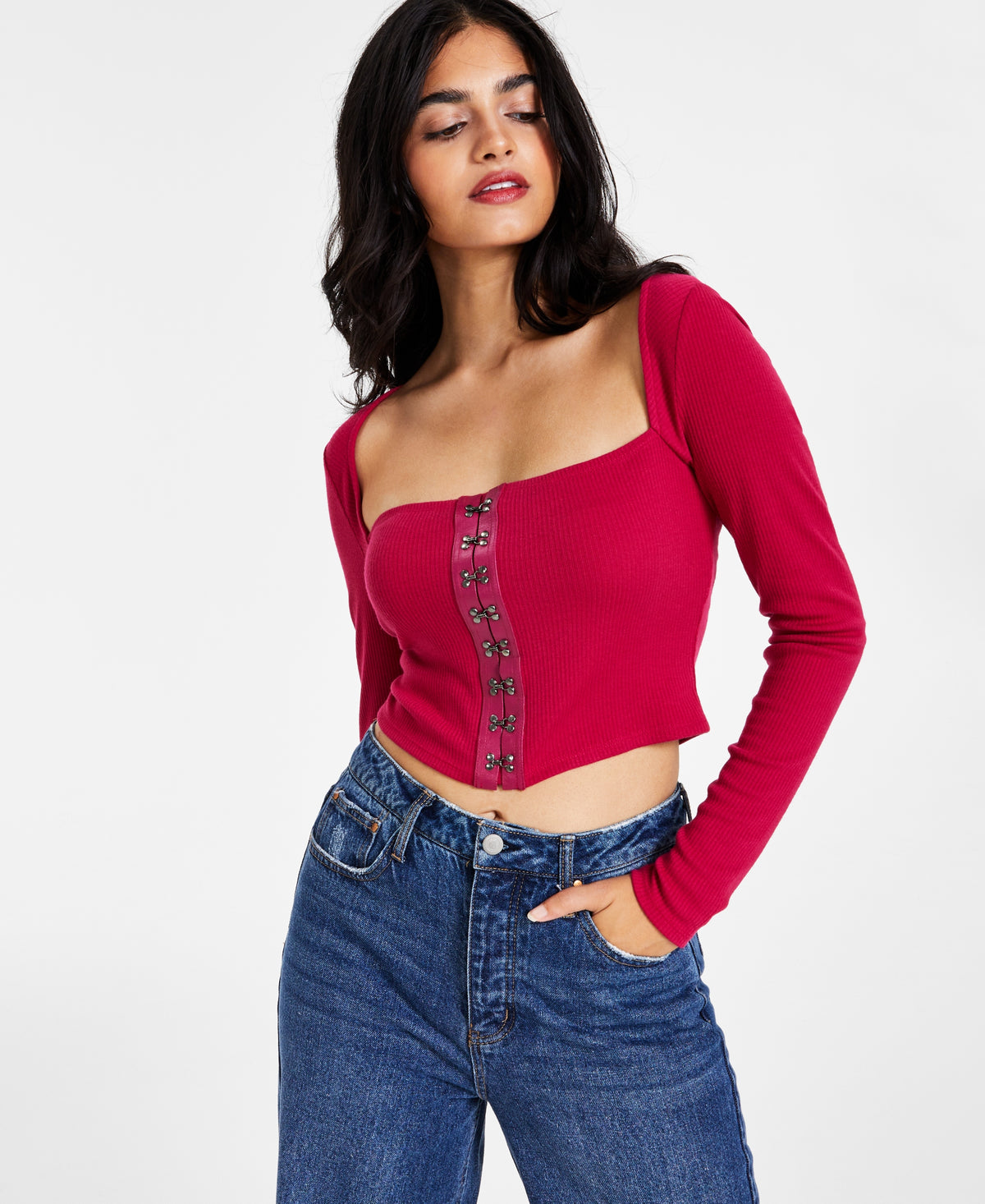 Women's Cropped Ribbed Long-Sleeve Corset Top